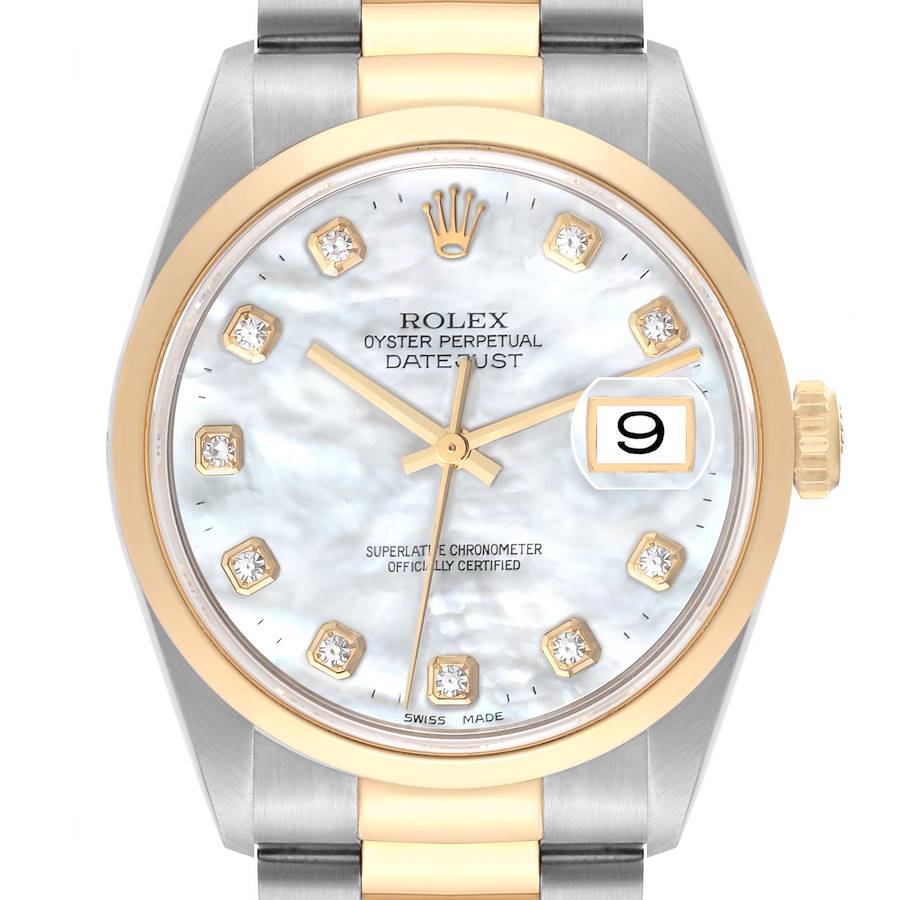 Rolex Datejust Steel Yellow Gold Mother Of Pearl Diamond Dial Mens Watch 16203 Box Papers SwissWatchExpo