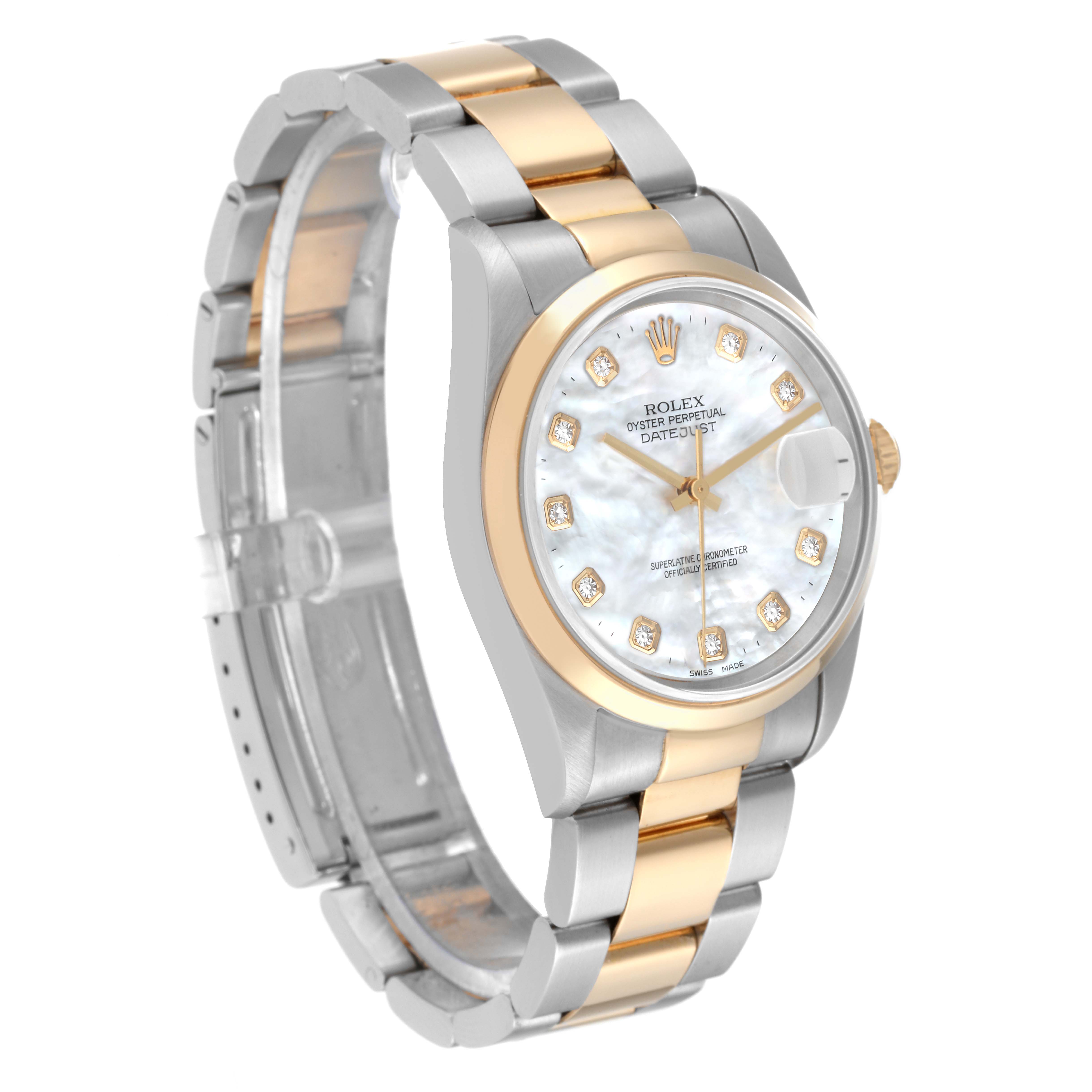 The image shows a Rolex Datejust 16203 Men's Steel and Gold (two tone) Mother of Pearl Dial 16203 Men's Steel and Gold (two tone) Mother of Pearl Dial watch angled to display the dial, bezel, and bracelet.
