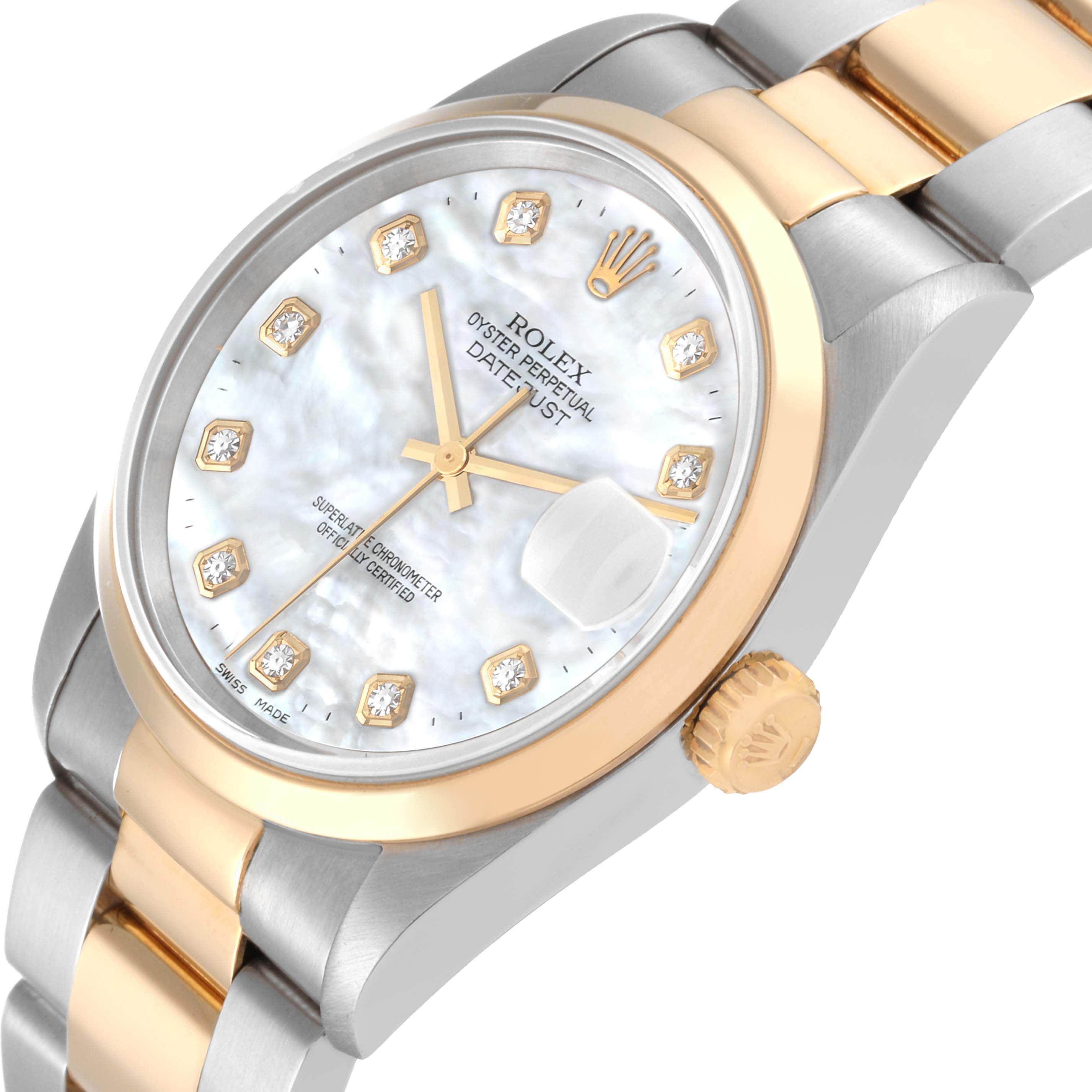The image shows a close-up angled view of the Rolex Datejust 16203 Men's Steel and Gold (two tone) Mother of Pearl Dial 16203 Men's Steel and Gold (two tone) Mother of Pearl Dial watch, highlighting its dial, bezel, crown, and bracelet.