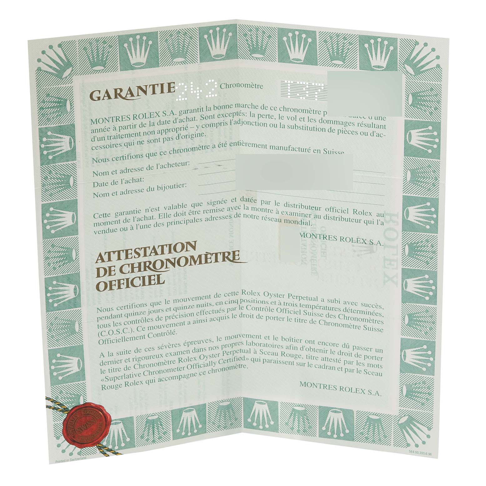 The image shows a folded Certificate of Official Chronometer and warranty paperwork for a Rolex Datejust 16203 Men's Steel and Gold (two tone) Mother of Pearl Dial 16203 Men's Steel and Gold (two tone) Mother of Pearl Dial watch.