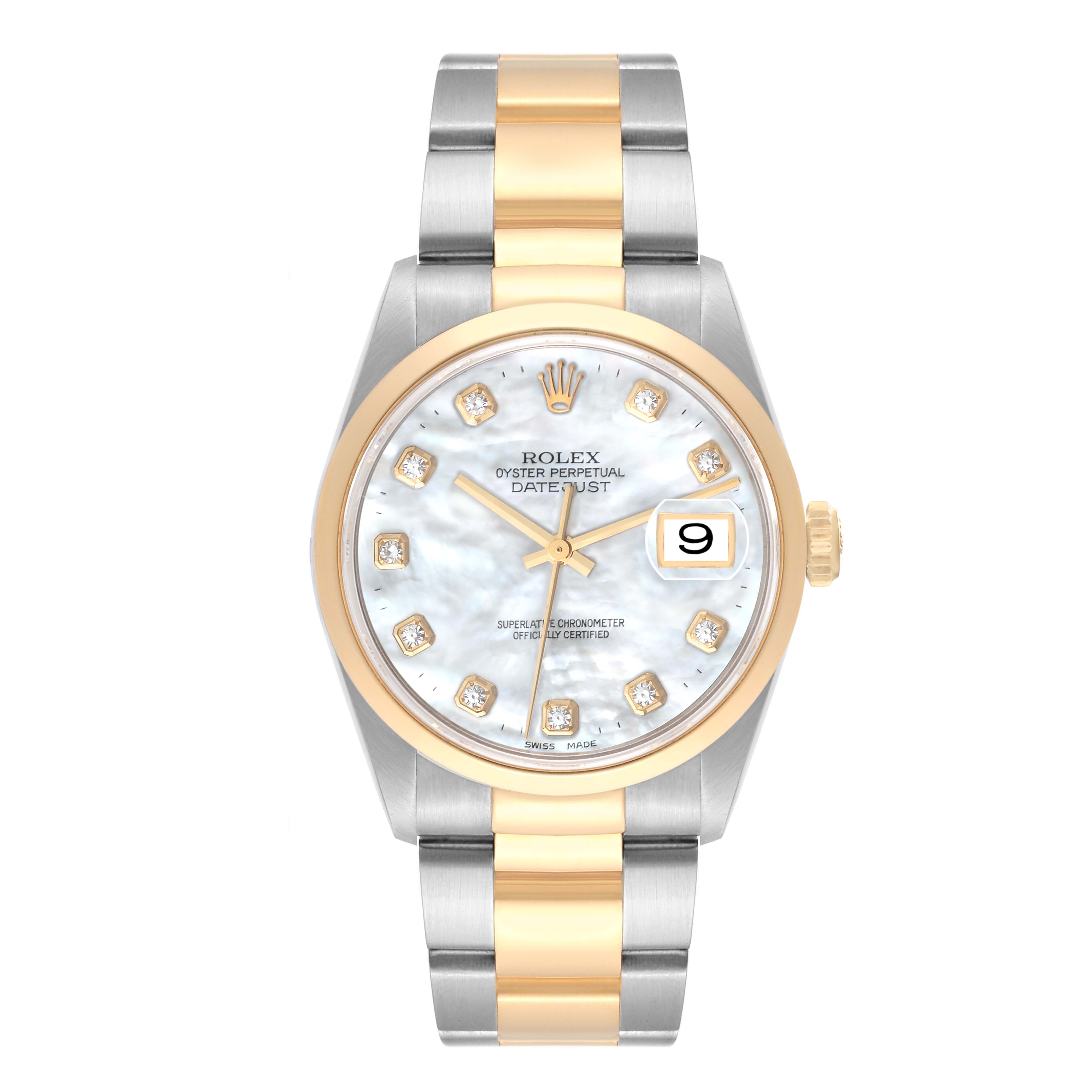 The image shows a Rolex Datejust 16203 Men's Steel and Gold (two tone) Mother of Pearl Dial 16203 Men's Steel and Gold (two tone) Mother of Pearl Dial watch from a front angle, displaying its dial, bracelet, and crown.