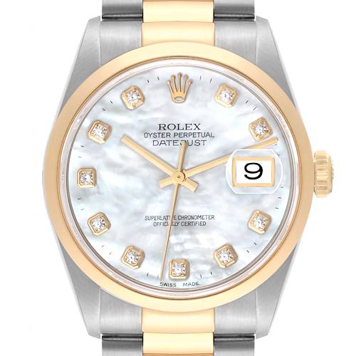 Photo of Rolex Datejust Steel Yellow Gold Mother Of Pearl Diamond Dial Mens Watch 16203 Box Papers