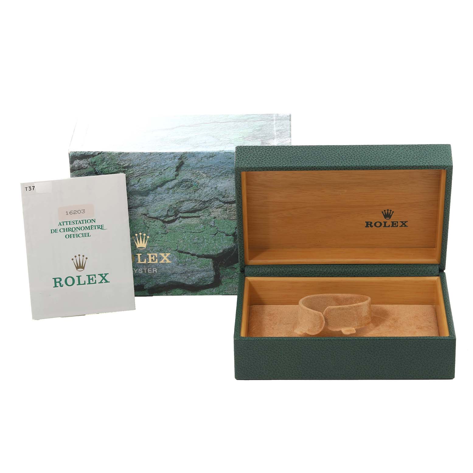 The image shows an open Rolex Datejust 16203 Men's Steel and Gold (two tone) Mother of Pearl Dial 16203 Men's Steel and Gold (two tone) Mother of Pearl Dial watch box, a certificate, and the outer packaging.