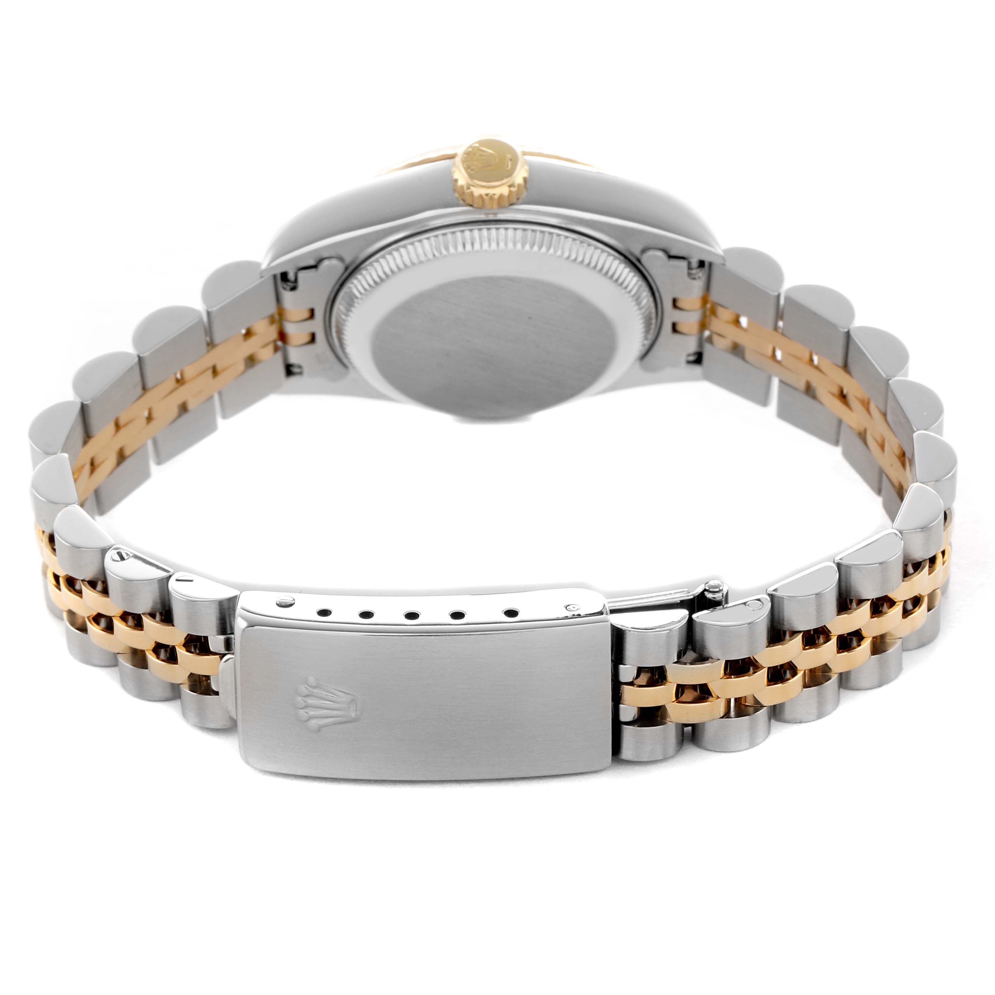 The Rolex Datejust 69173 Women's Steel and Gold (two tone) Silver Dial watch is shown from the back, highlighting the clasp, jubilee bracelet, and case back.