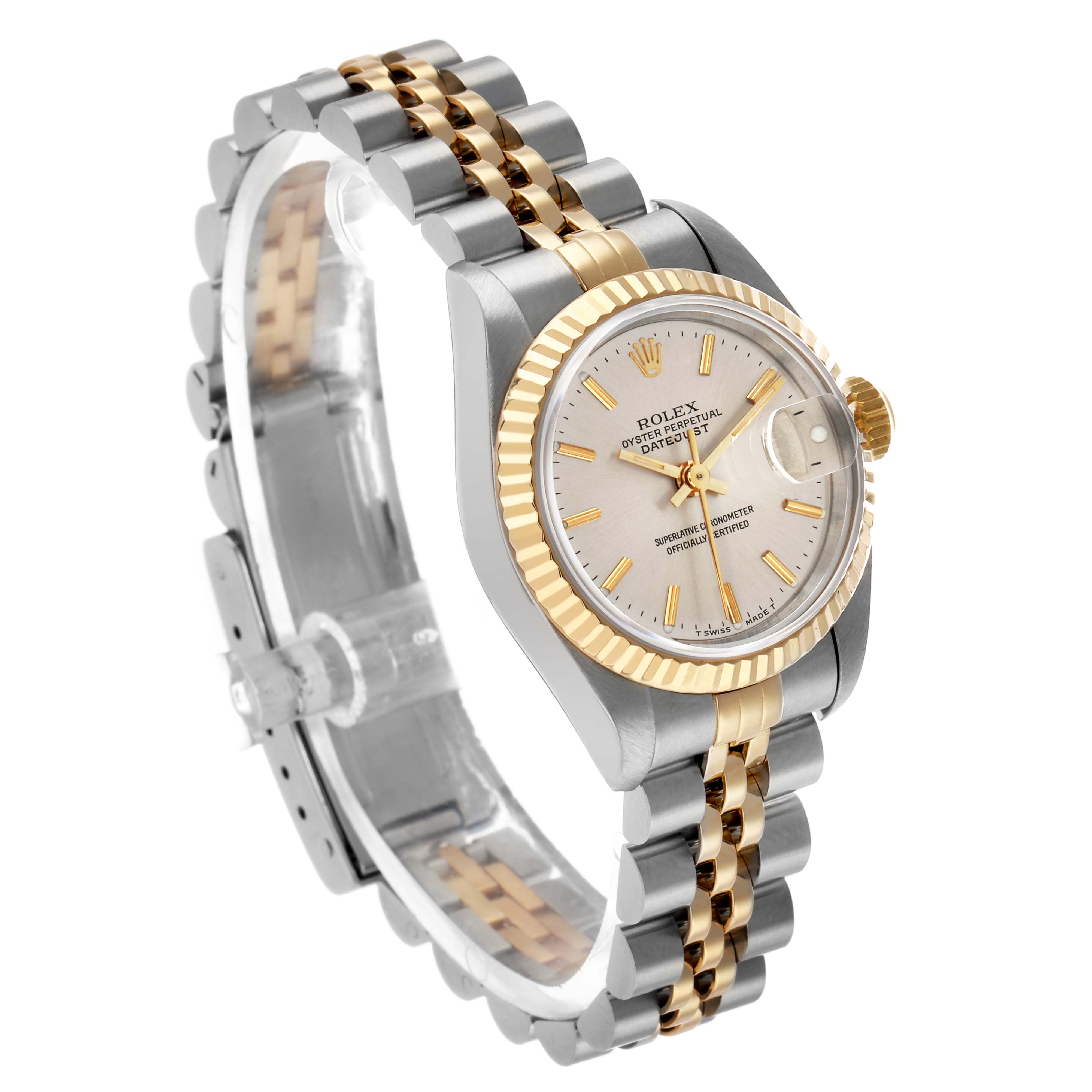 The Rolex Datejust 69173 Women's Steel and Gold (two tone) Silver Dial watch is shown at a three-quarter angle, highlighting the dial, fluted bezel, and two-tone bracelet links.