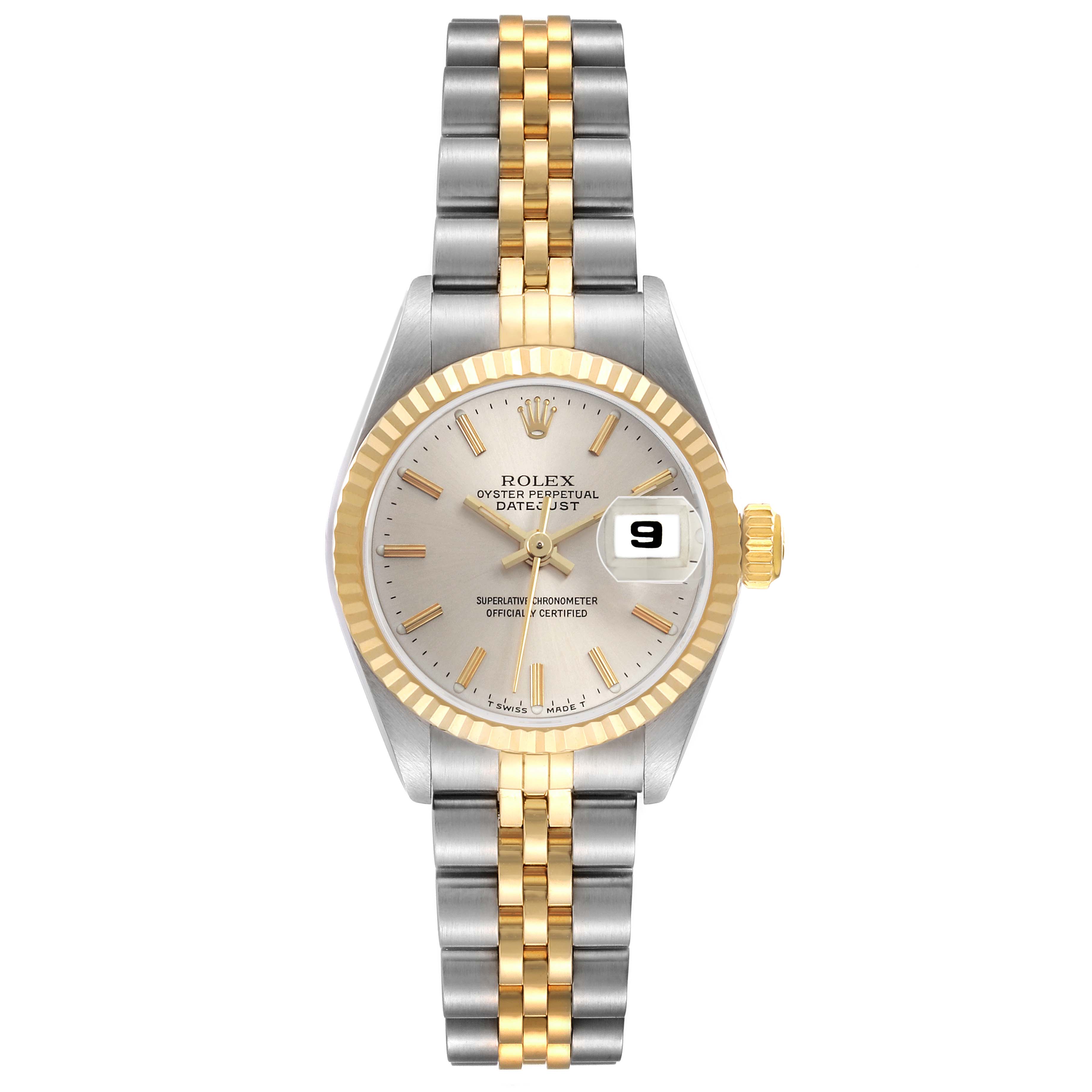 The Rolex Datejust 69173 Women's Steel and Gold (two tone) Silver Dial watch is shown from a top-down angle, highlighting the face, bezel, and bracelet.