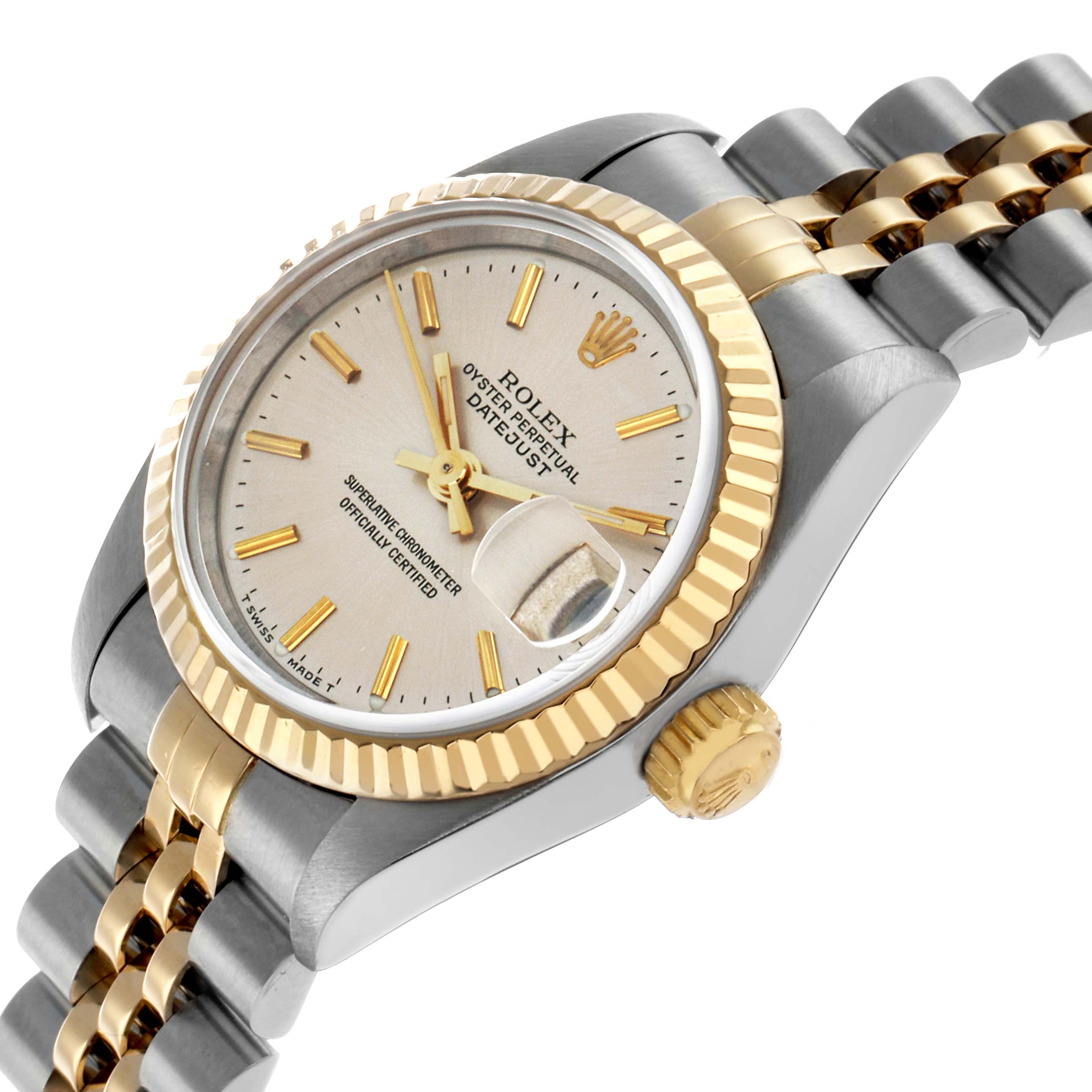 The Rolex Datejust 69173 Women's Steel and Gold (two tone) Silver Dial watch is shown at a side angle, highlighting the bezel, crown, dial, and part of the bracelet.