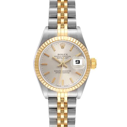 The Rolex Datejust 69173 Women's Steel and Gold (two tone) Silver Dial watch is shown from a top-down angle, highlighting the dial, fluted bezel, and two-tone Jubilee bracelet.