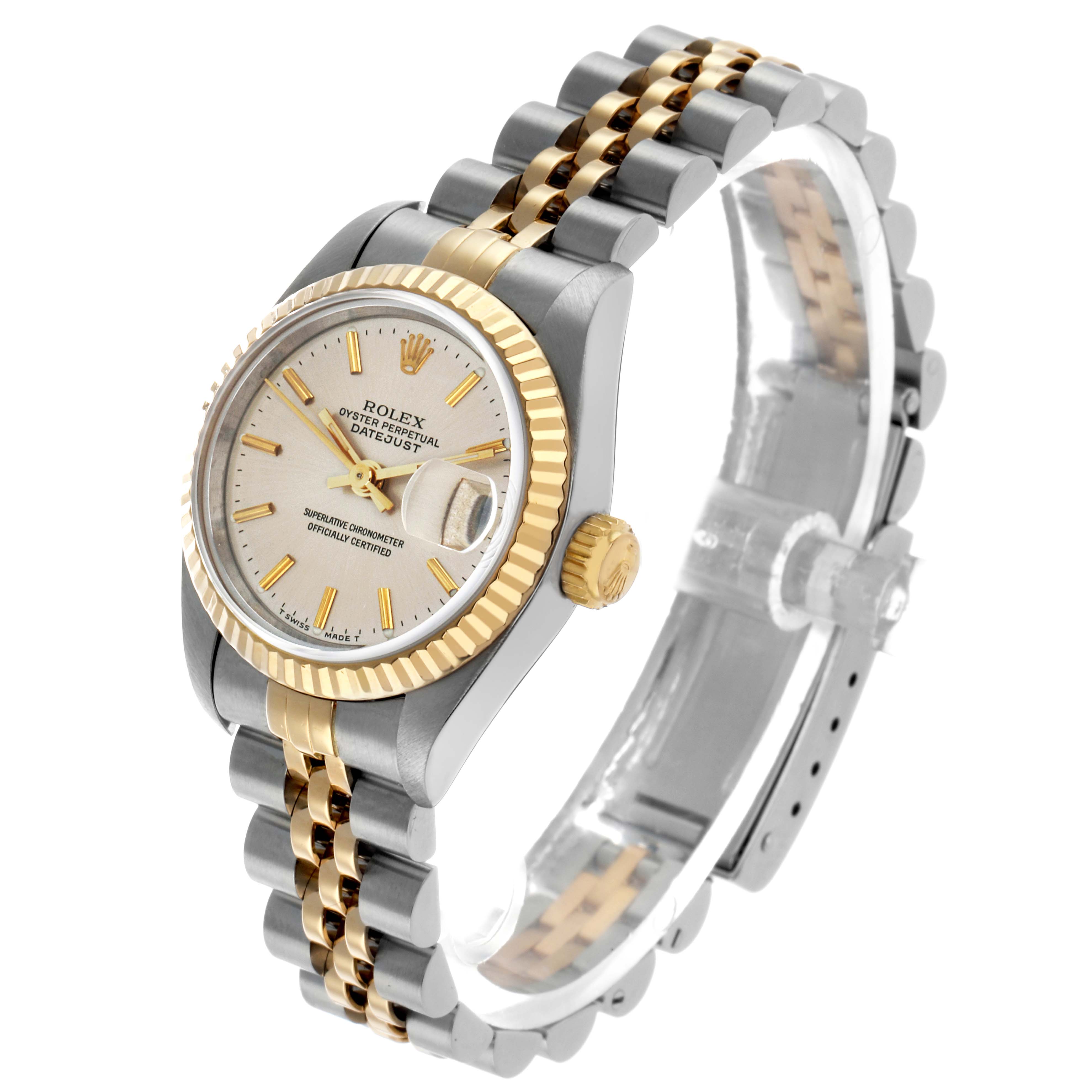 The Rolex Datejust 69173 Women's Steel and Gold (two tone) Silver Dial watch is viewed from a three-quarter angle, showing the dial, fluted bezel, and Jubilee bracelet.