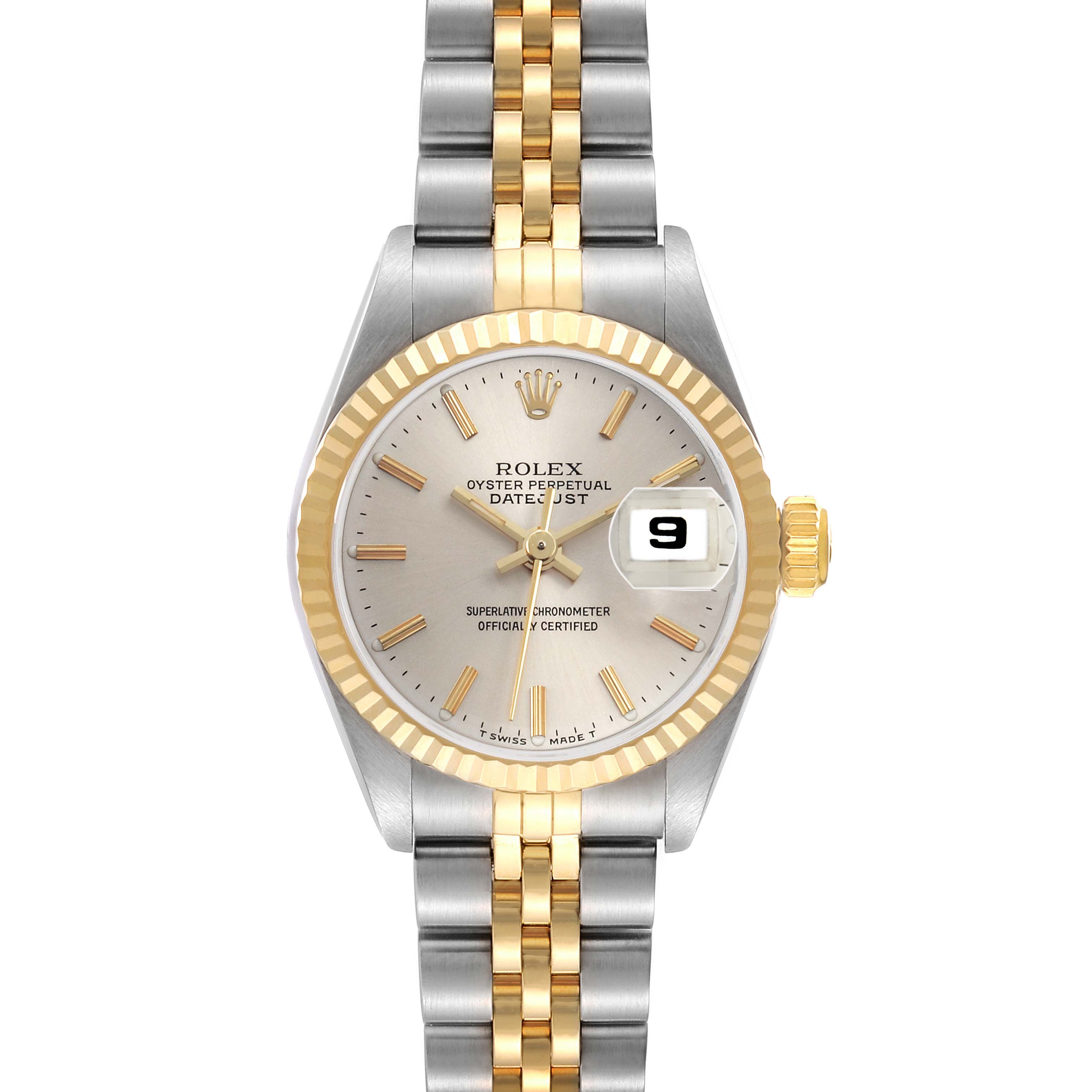 The Rolex Datejust 69173 Women's Steel and Gold (two tone) Silver Dial watch is shown from the front, displaying the dial, fluted bezel, and Jubilee bracelet.