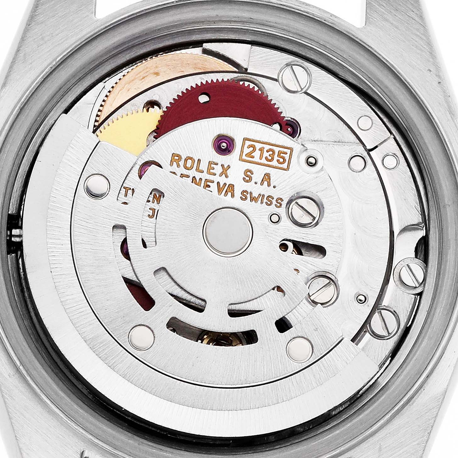 The image shows the movement mechanism of a Rolex Datejust 69173 Women's Steel and Gold (two tone) Silver Dial watch from a top-down angle.