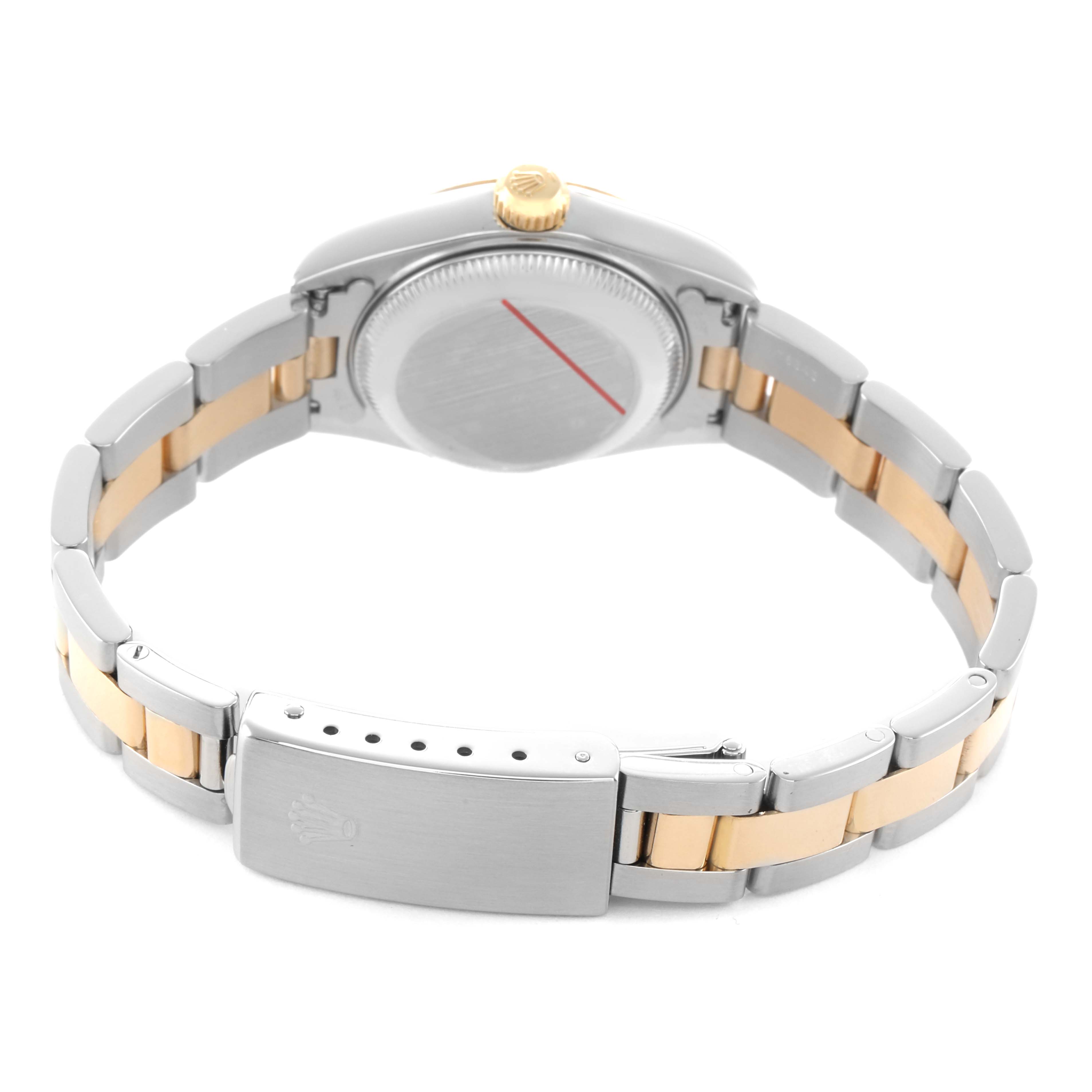 The Rolex Datejust 69173 Women's Stainless Steel White Dial watch is shown from the back, highlighting the clasp, bracelet, and case back.