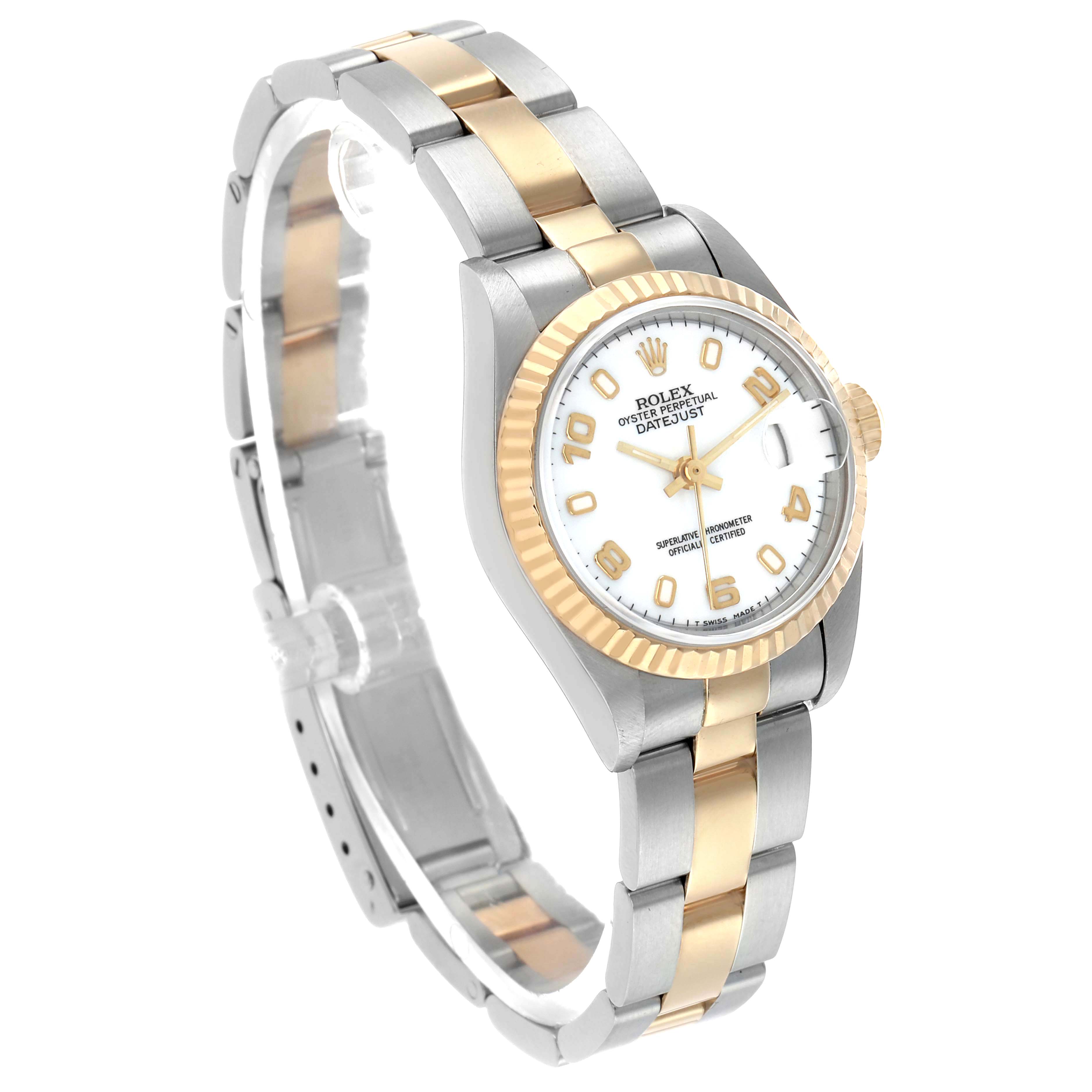 The Rolex Datejust 69173 Women's Stainless Steel White Dial is shown at a three-quarter angle, highlighting the dial, bezel, and bracelet.