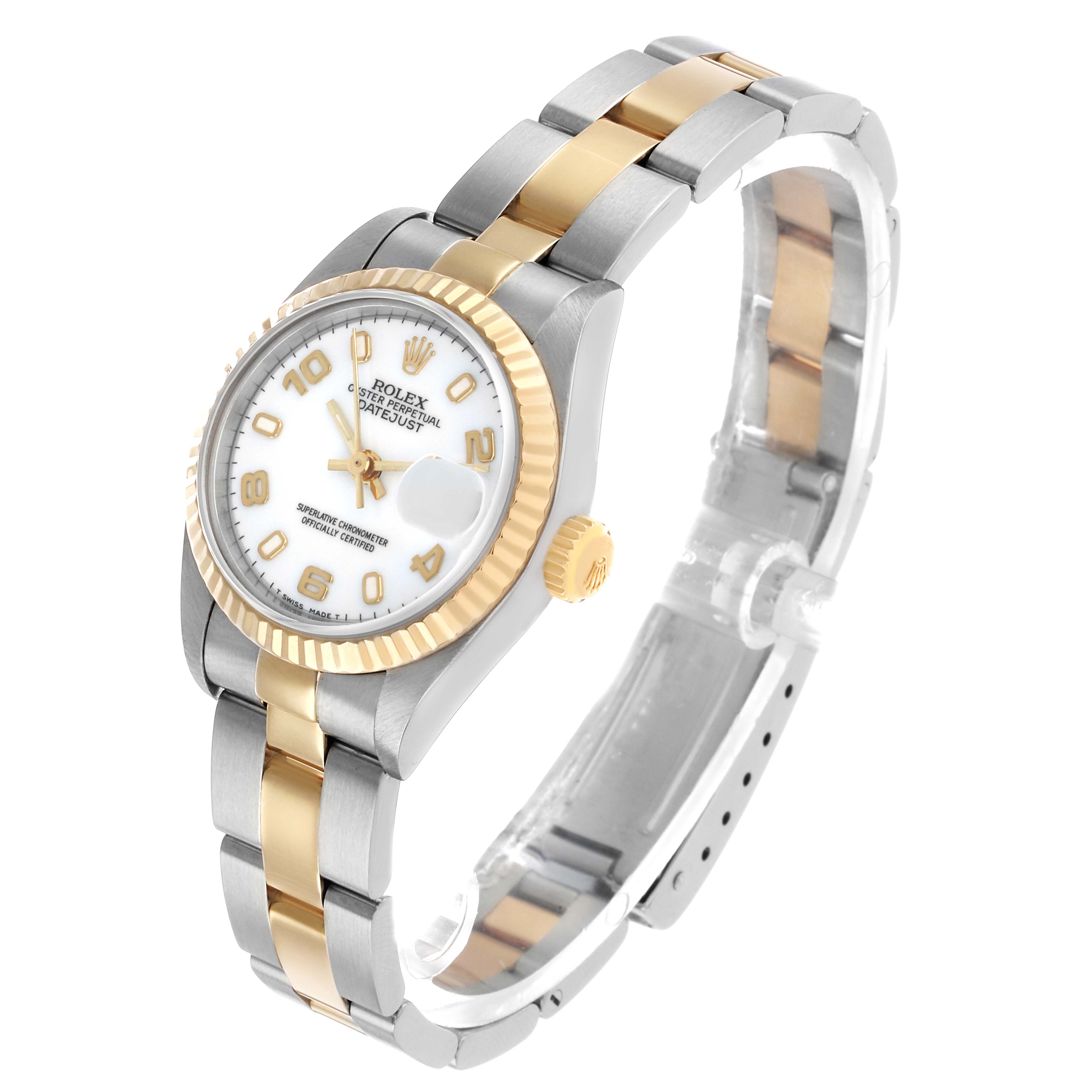 The Rolex Datejust 69173 Women's Stainless Steel White Dial watch is shown at a 3/4 angle, displaying the dial, bezel, case, crown, and bracelet.