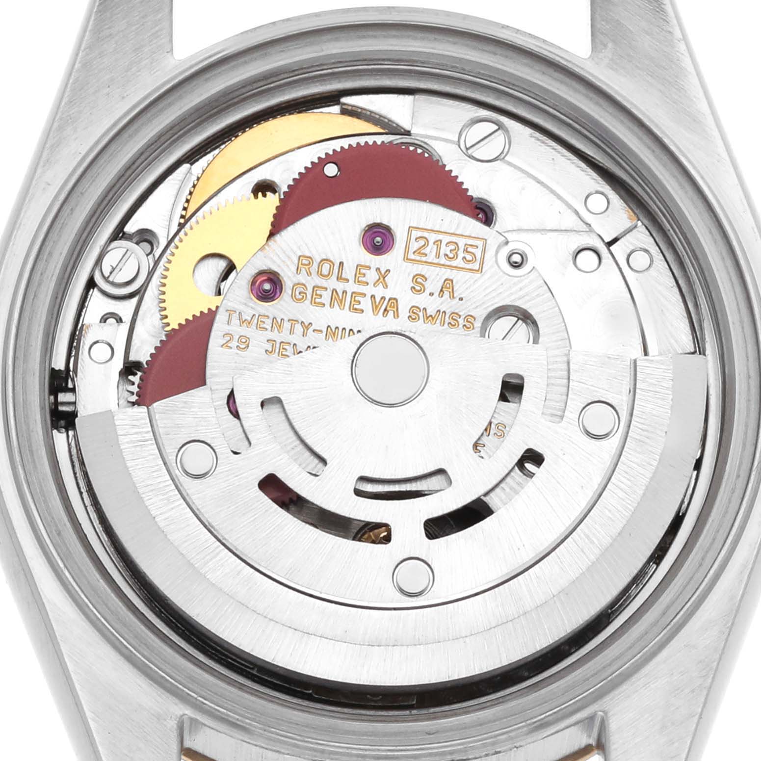 The image shows the rear view of a Rolex Datejust 69173 Women's Stainless Steel White Dial, highlighting its internal movement mechanism.