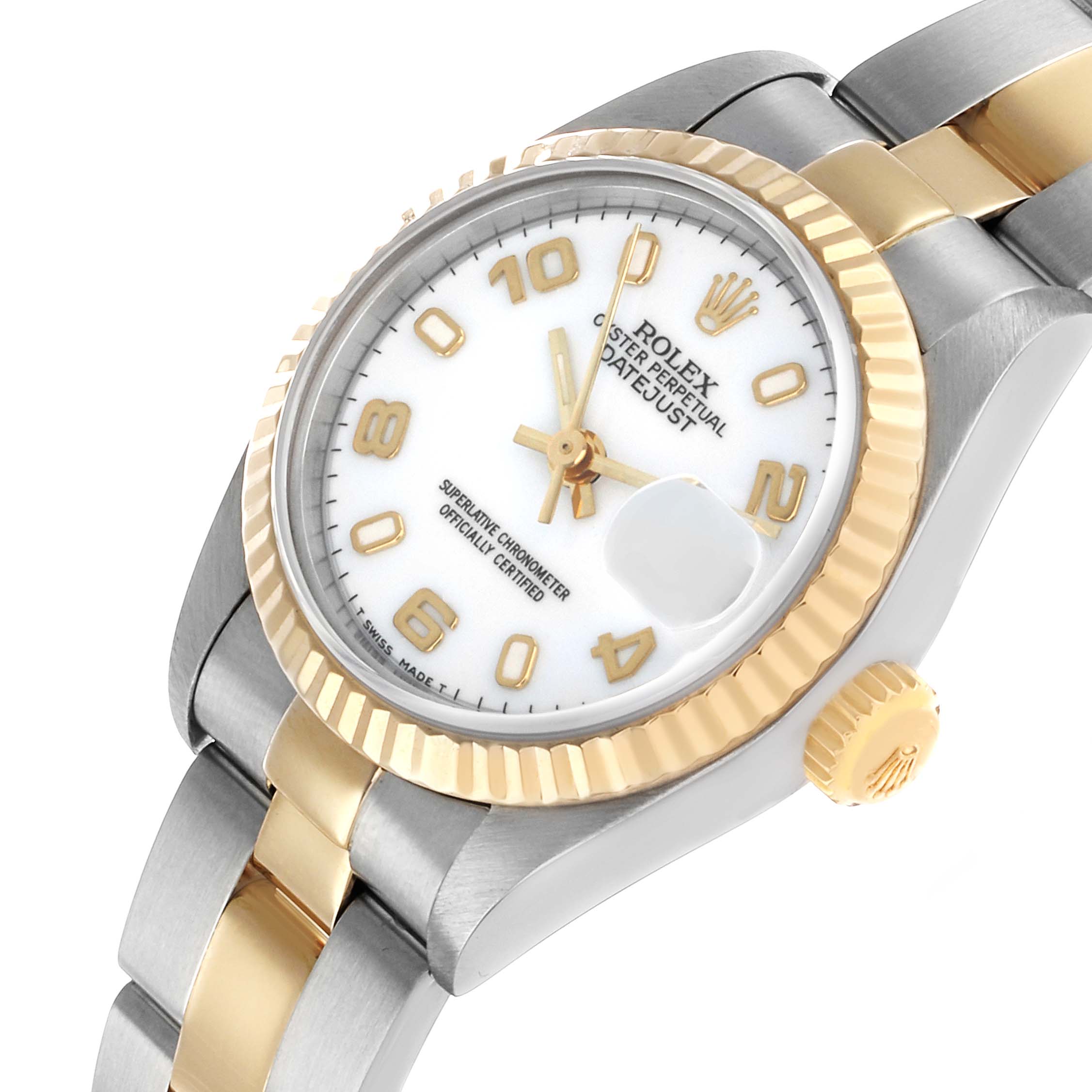The Rolex Datejust 69173 Women's Stainless Steel White Dial watch is shown at an angle highlighting the dial, bezel, and bracelet in gold and silver tones.