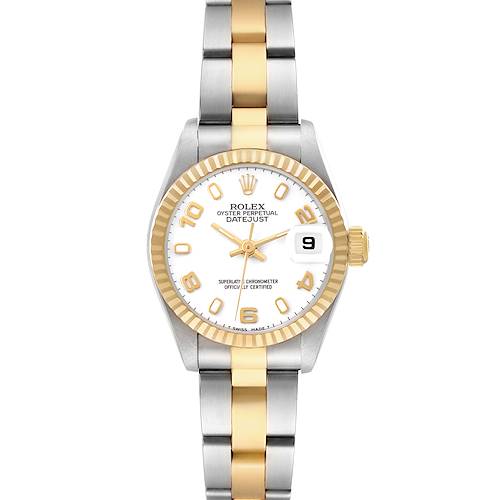 The image shows a front view of the Rolex Datejust 69173 Women's Stainless Steel White Dial, highlighting its dial, bezel, and two-tone bracelet.