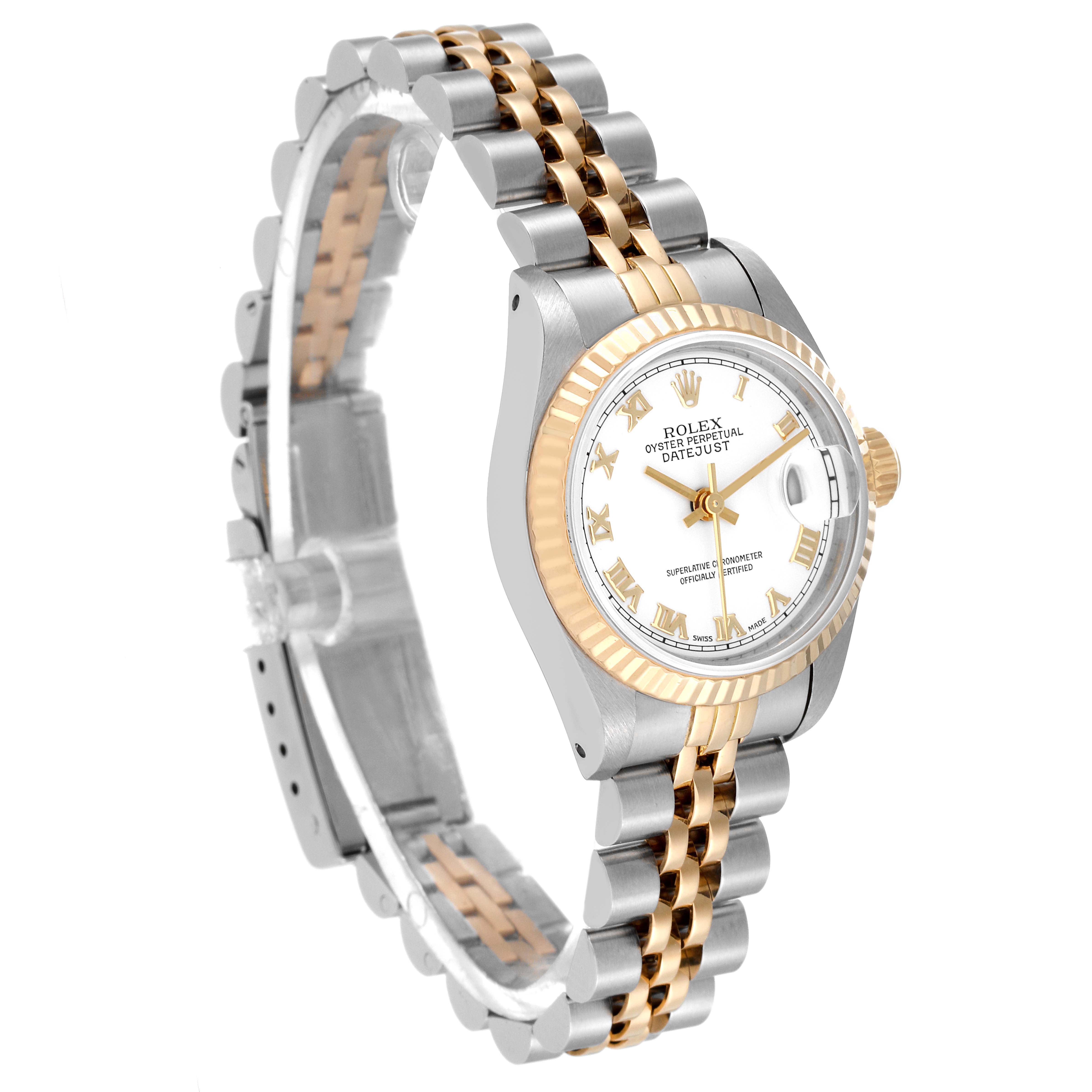 The image shows a side angle of a Rolex Datejust 69173 Women's Steel and Gold (two tone) White Dial 69173 Women's Steel and Gold (two tone) White Dial watch, highlighting its dial, bezel, crown, and two-tone bracelet.