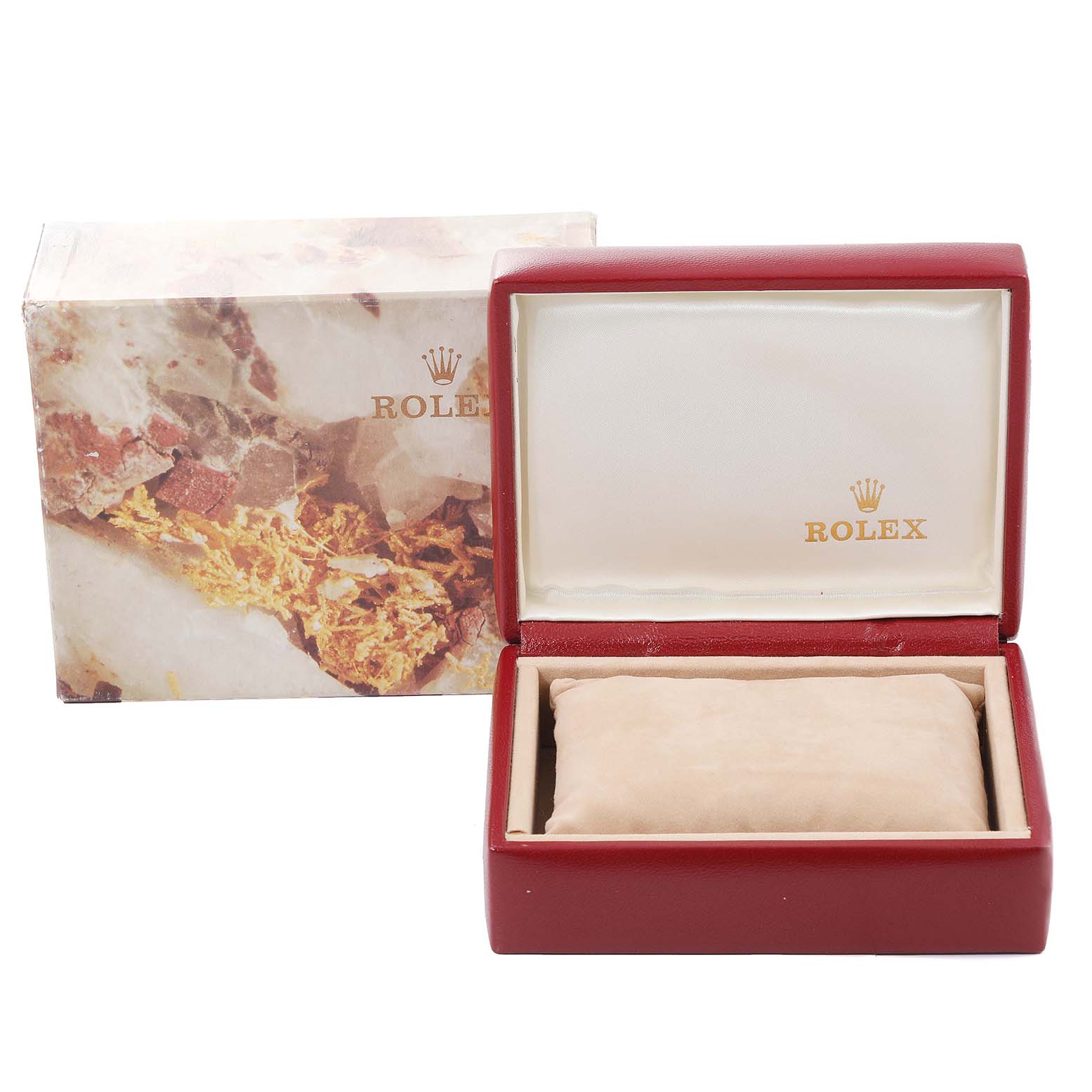 The image shows an open Rolex Datejust 69173 Women's Steel and Gold (two tone) White Dial 69173 Women's Steel and Gold (two tone) White Dial watch box with its cushion and the outer packaging behind it.