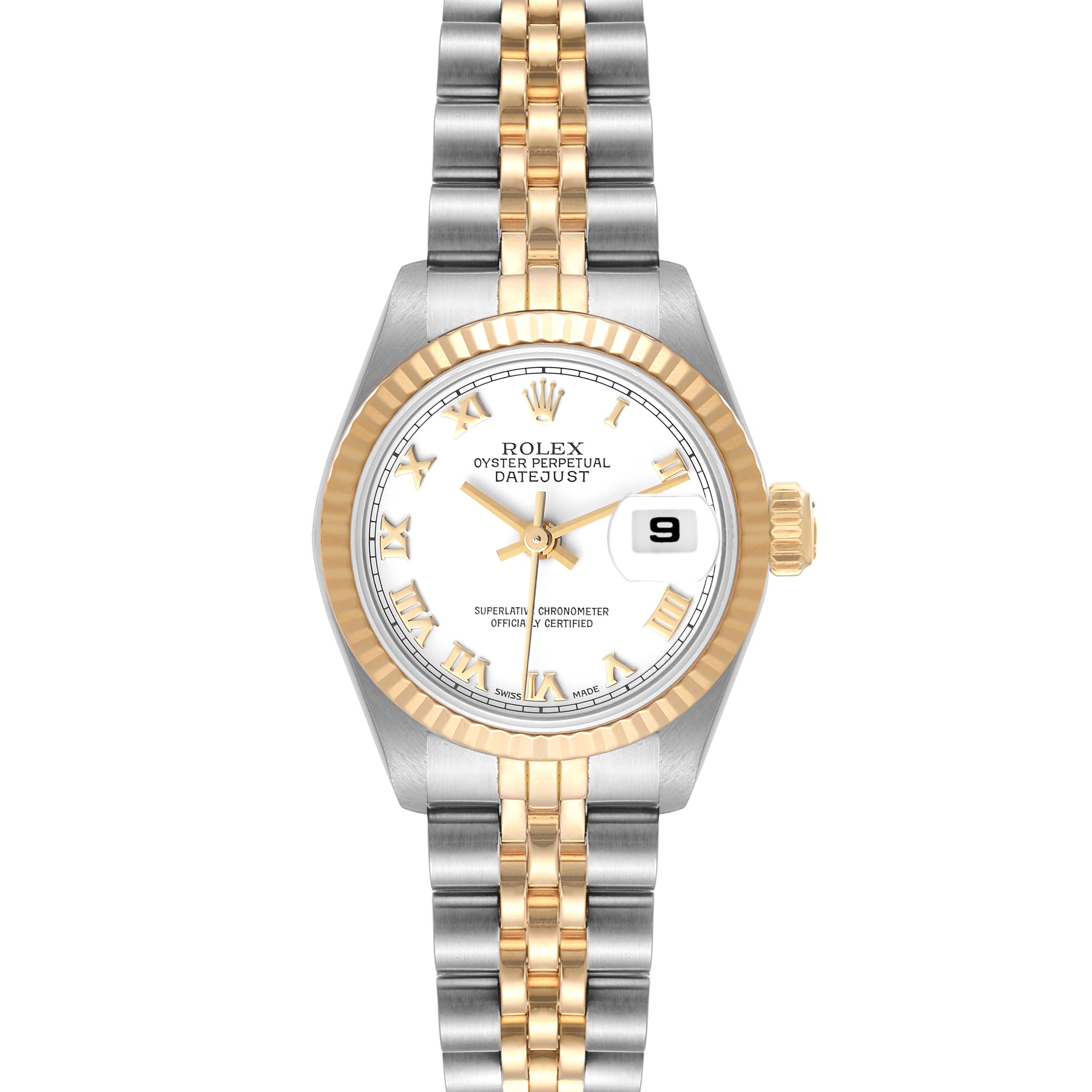 This image shows a front view of the Rolex Datejust 69173 Women's Steel and Gold (two tone) White Dial 69173 Women's Steel and Gold (two tone) White Dial watch, highlighting the dial, case, and bracelet.