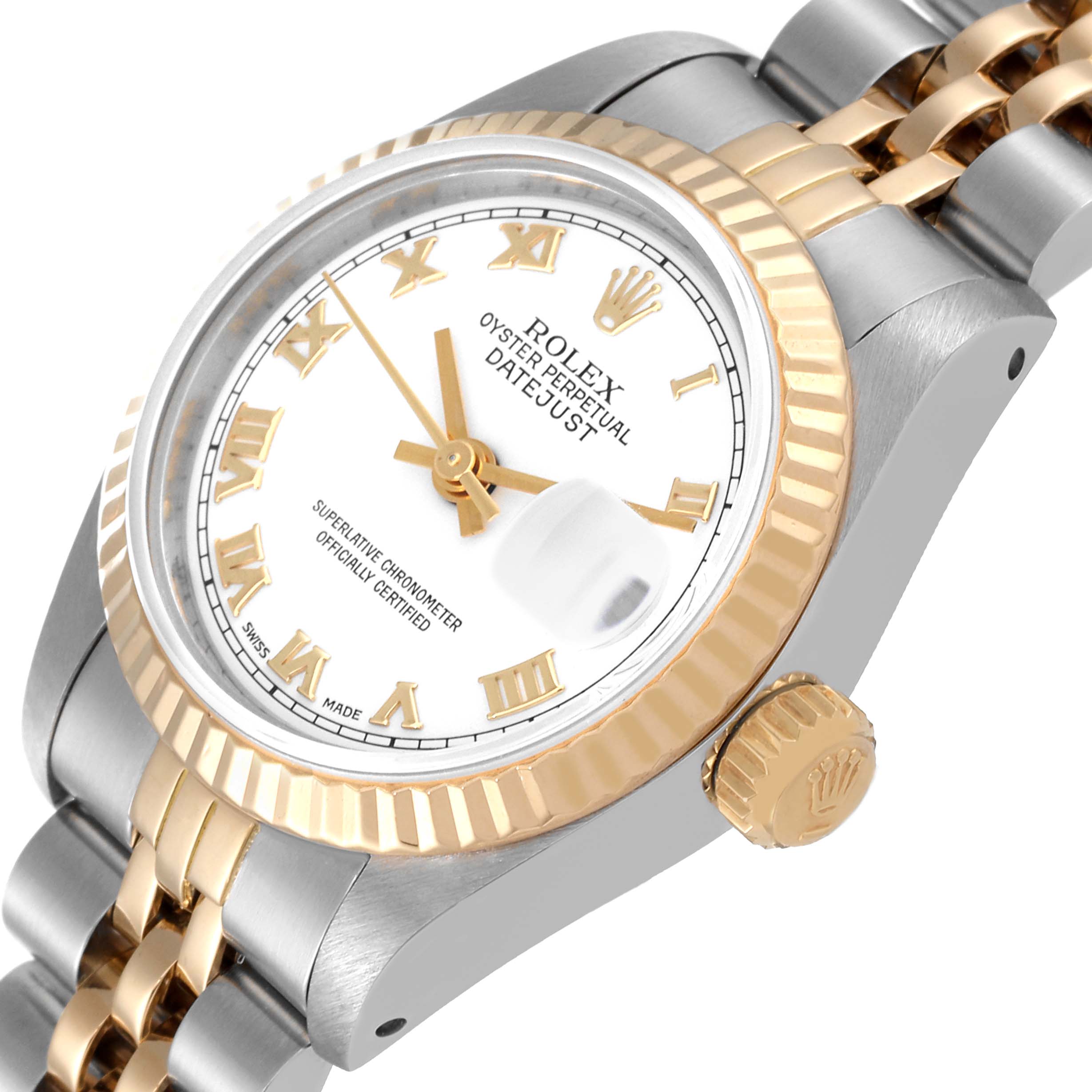 The image shows a close-up, angled view of the Rolex Datejust 69173 Women's Steel and Gold (two tone) White Dial 69173 Women's Steel and Gold (two tone) White Dial watch displaying its dial, fluted bezel, crown, and two-tone bracelet.