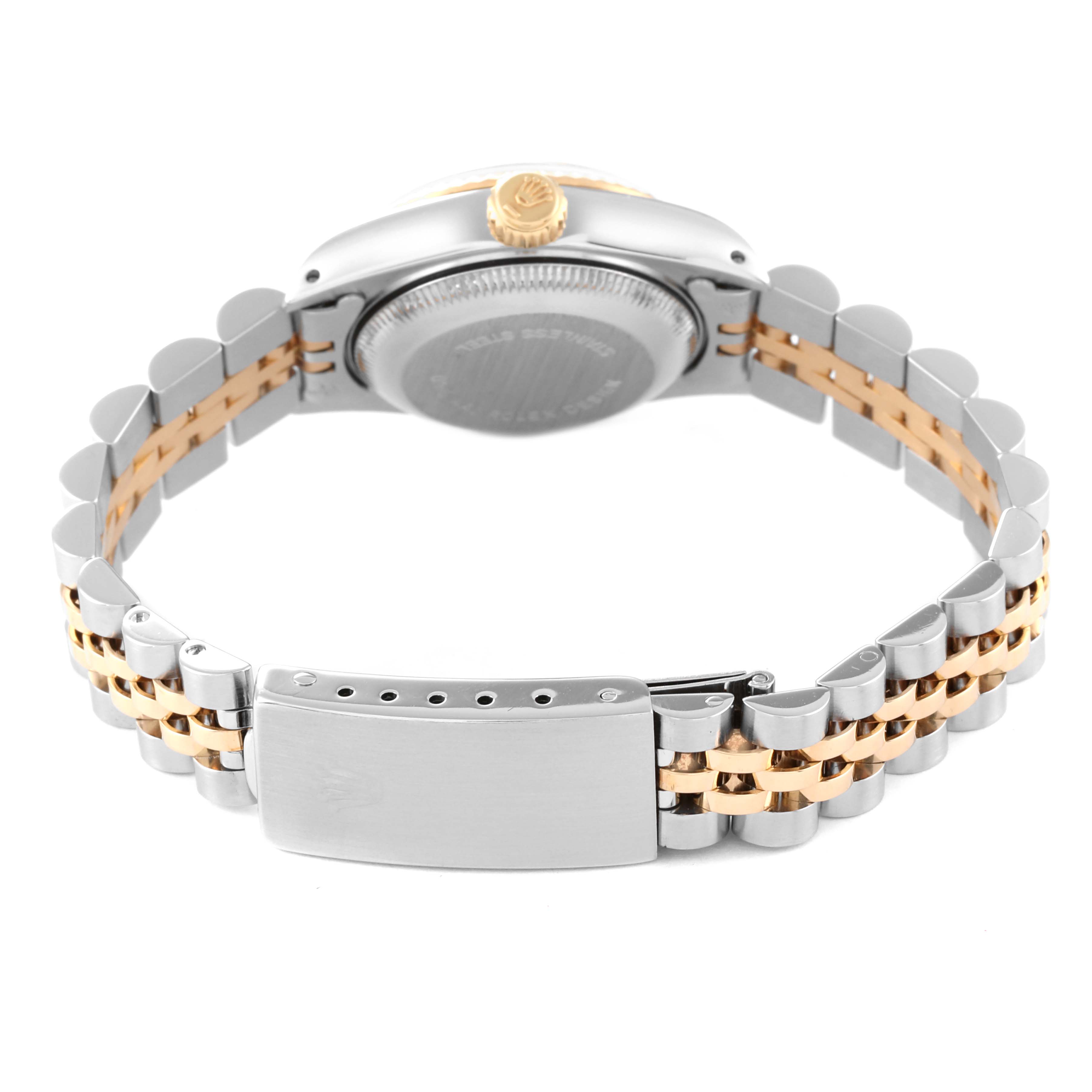 The image shows the back view of a Rolex Datejust 69173 Women's Steel and Gold (two tone) White Dial 69173 Women's Steel and Gold (two tone) White Dial watch, highlighting the two-tone bracelet and clasp.