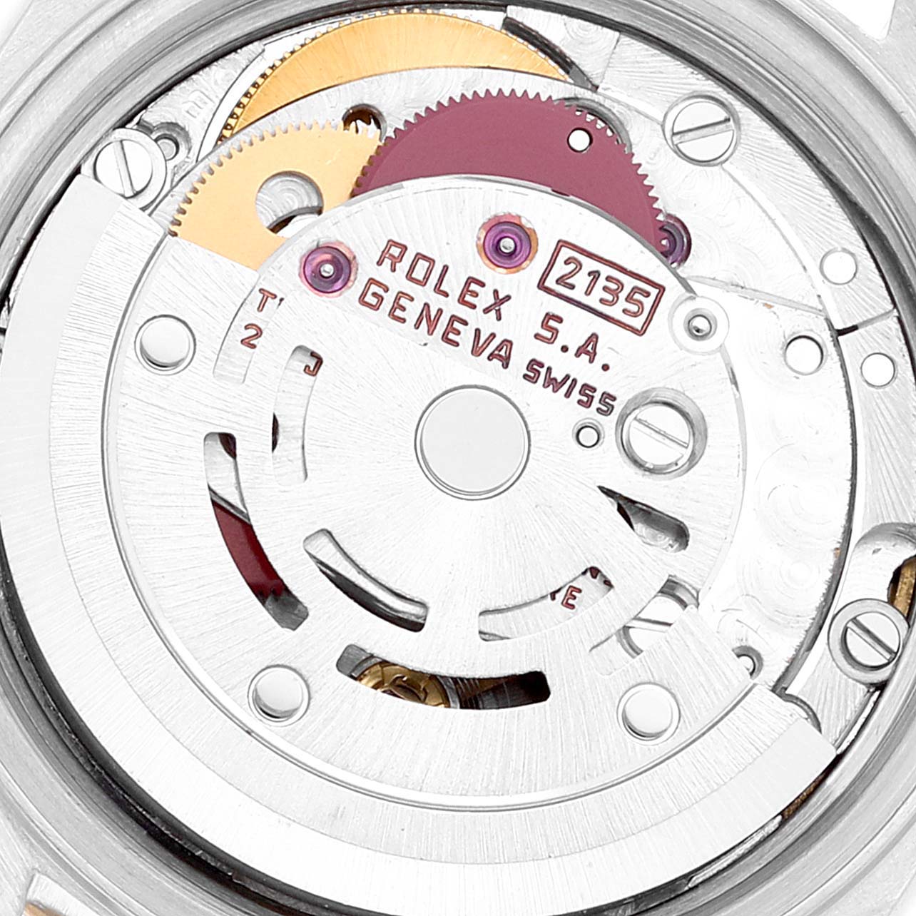 This image shows the internal mechanism of a Rolex Datejust 69173 Women's Steel and Gold (two tone) White Dial 69173 Women's Steel and Gold (two tone) White Dial watch from a top-down angle, highlighting the automatic movement.