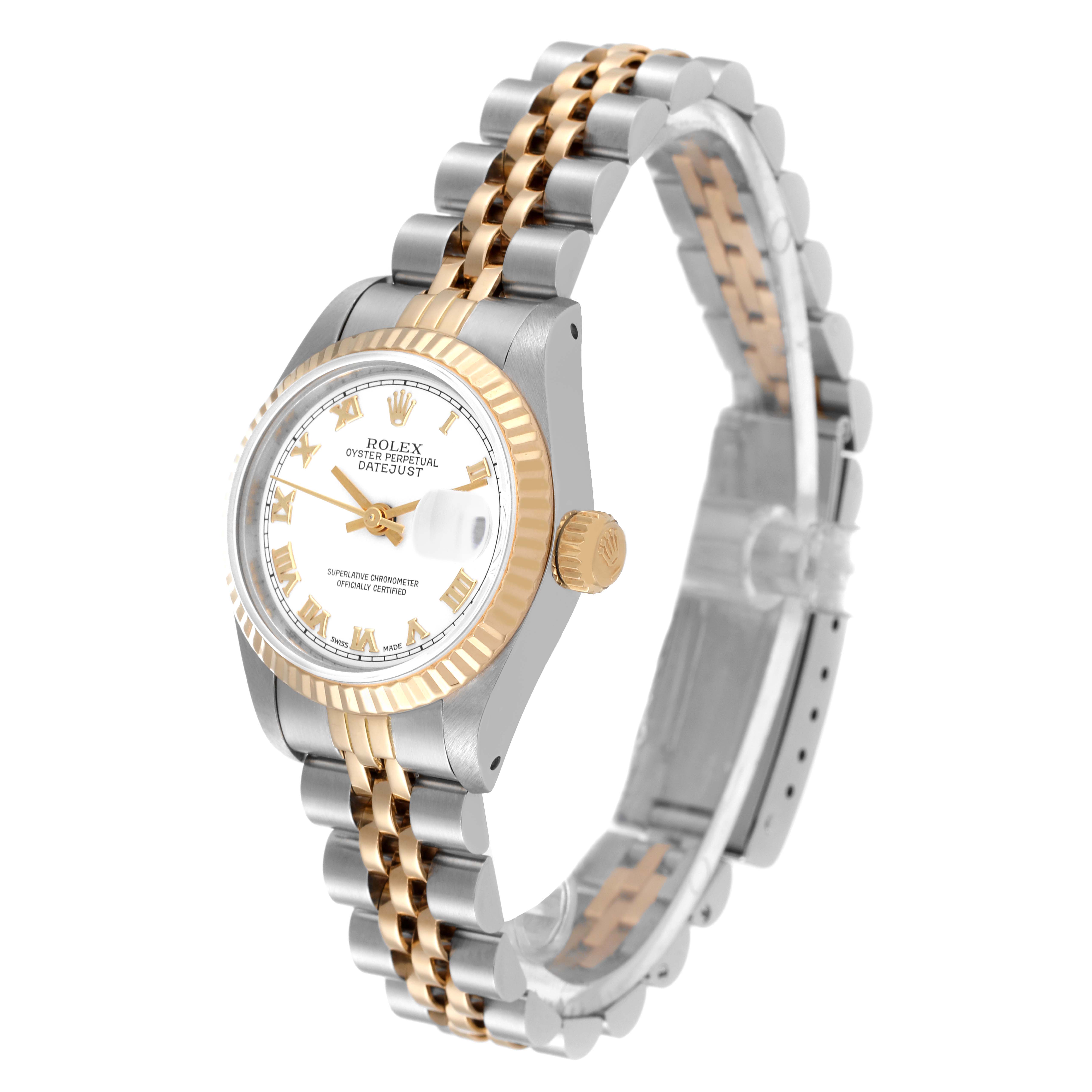 The image shows a Rolex Datejust 69173 Women's Steel and Gold (two tone) White Dial 69173 Women's Steel and Gold (two tone) White Dial model watch at a slight angle, highlighting its dial, bezel, case, and two-tone bracelet.