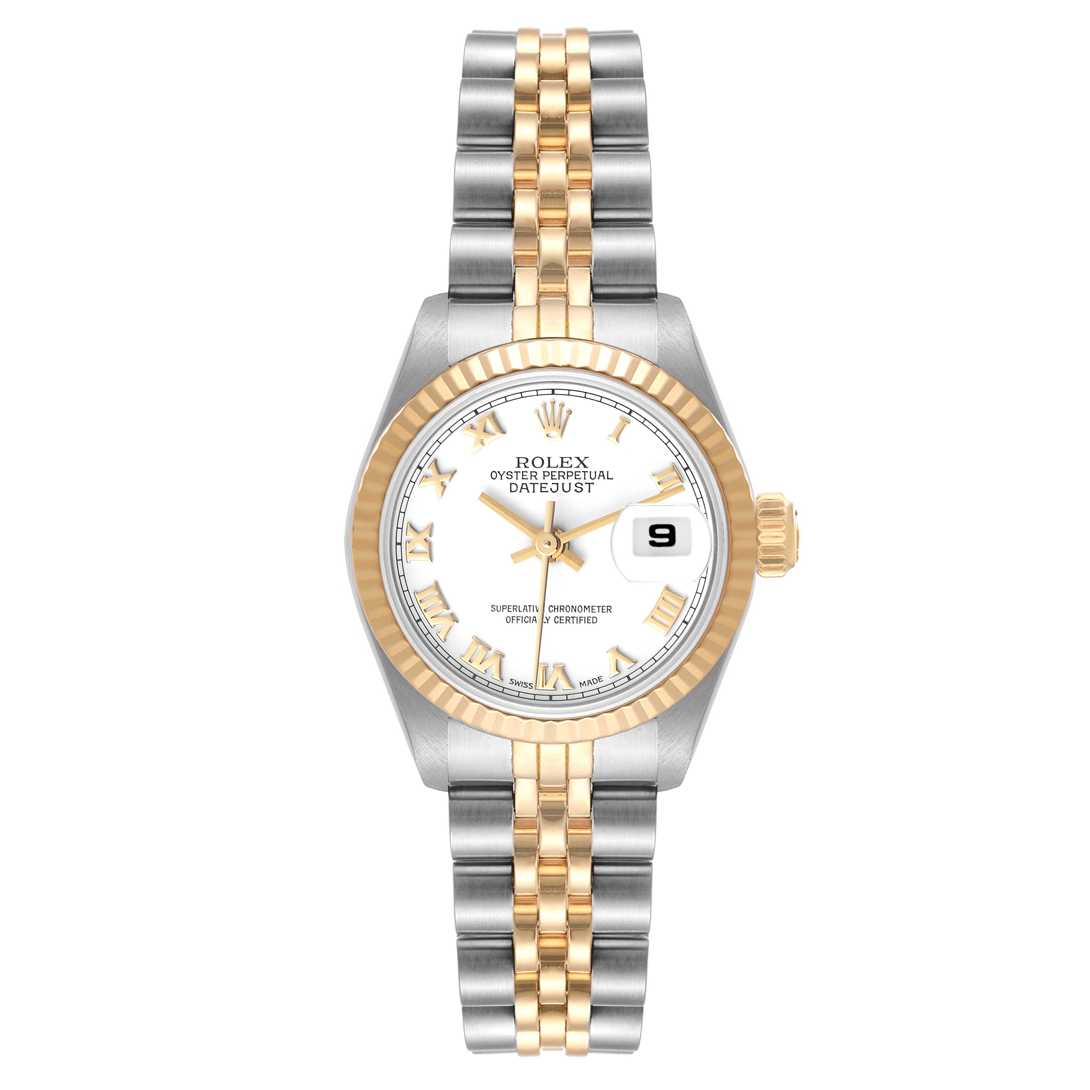 The image shows a front view of a Rolex Datejust 69173 Women's Steel and Gold (two tone) White Dial 69173 Women's Steel and Gold (two tone) White Dial model, displaying the watch face, bezel, crown, and two-tone bracelet.