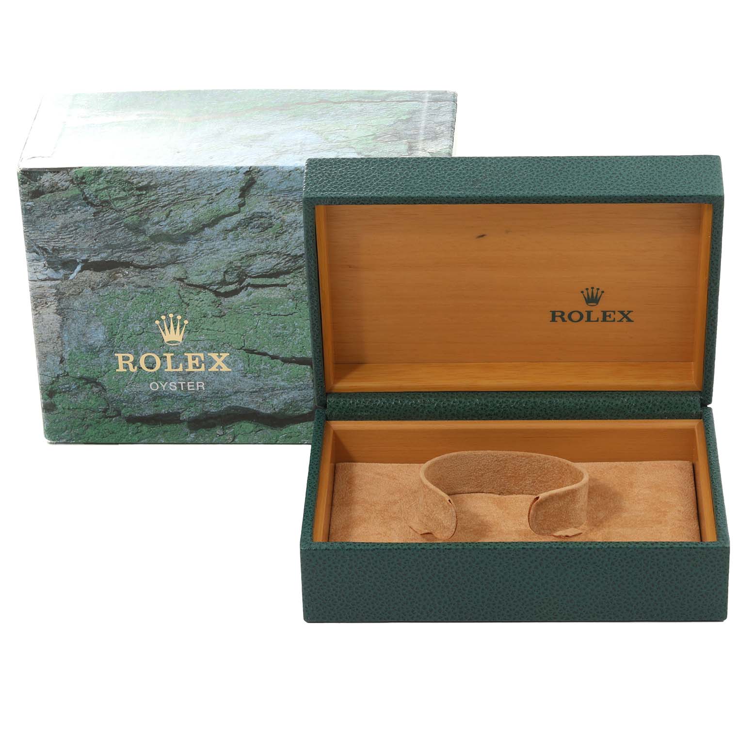 This image shows an open Rolex Datejust 16233 Men's Steel and Gold (two tone) White Dial 16233 Men's Steel and Gold (two tone) White Dial watch box made of green leather and wood, with a cushion and an outer packaging box.