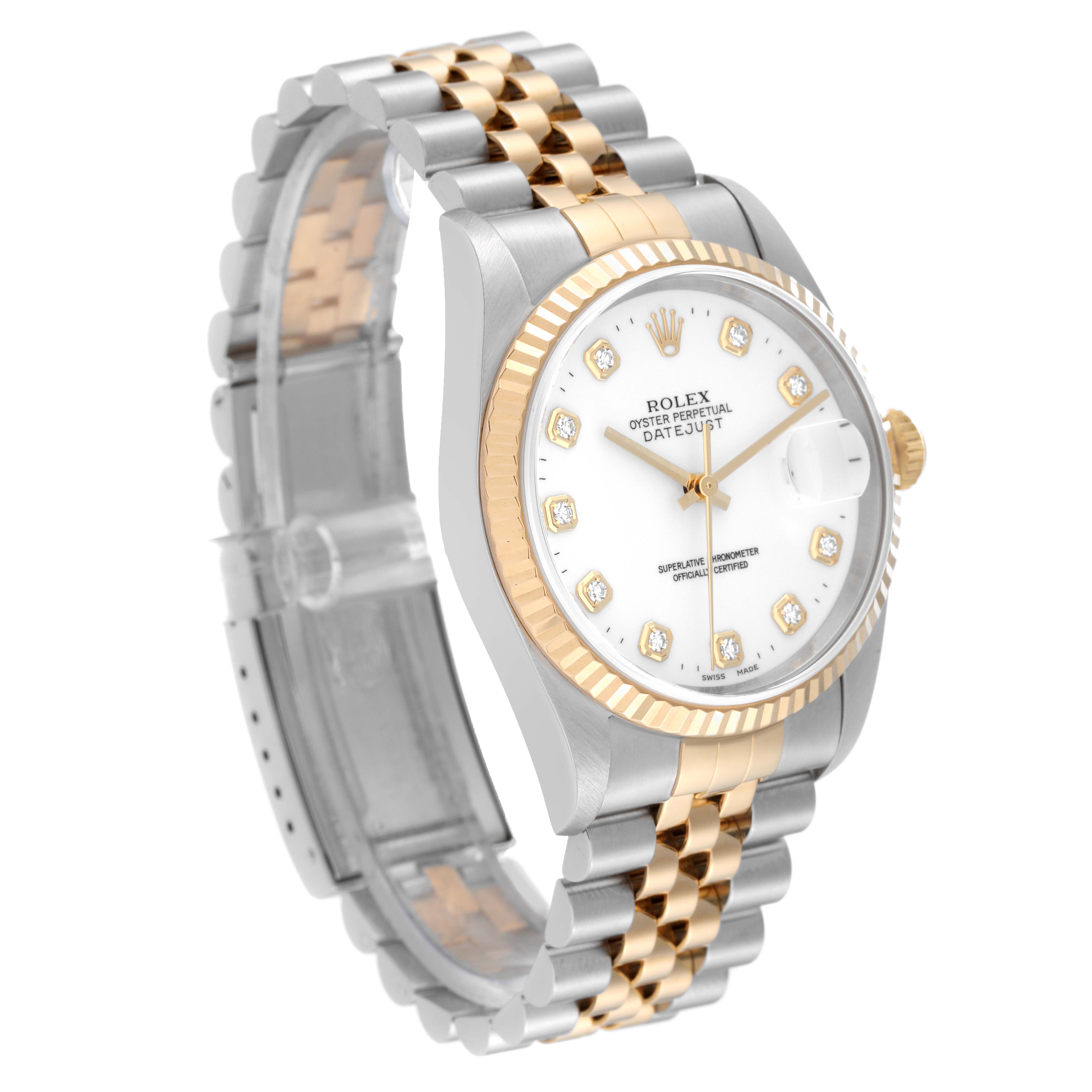 The image shows a Rolex Datejust 16233 Men's Steel and Gold (two tone) White Dial 16233 Men's Steel and Gold (two tone) White Dial watch at an angle highlighting its face, bezel, and two-tone bracelet.