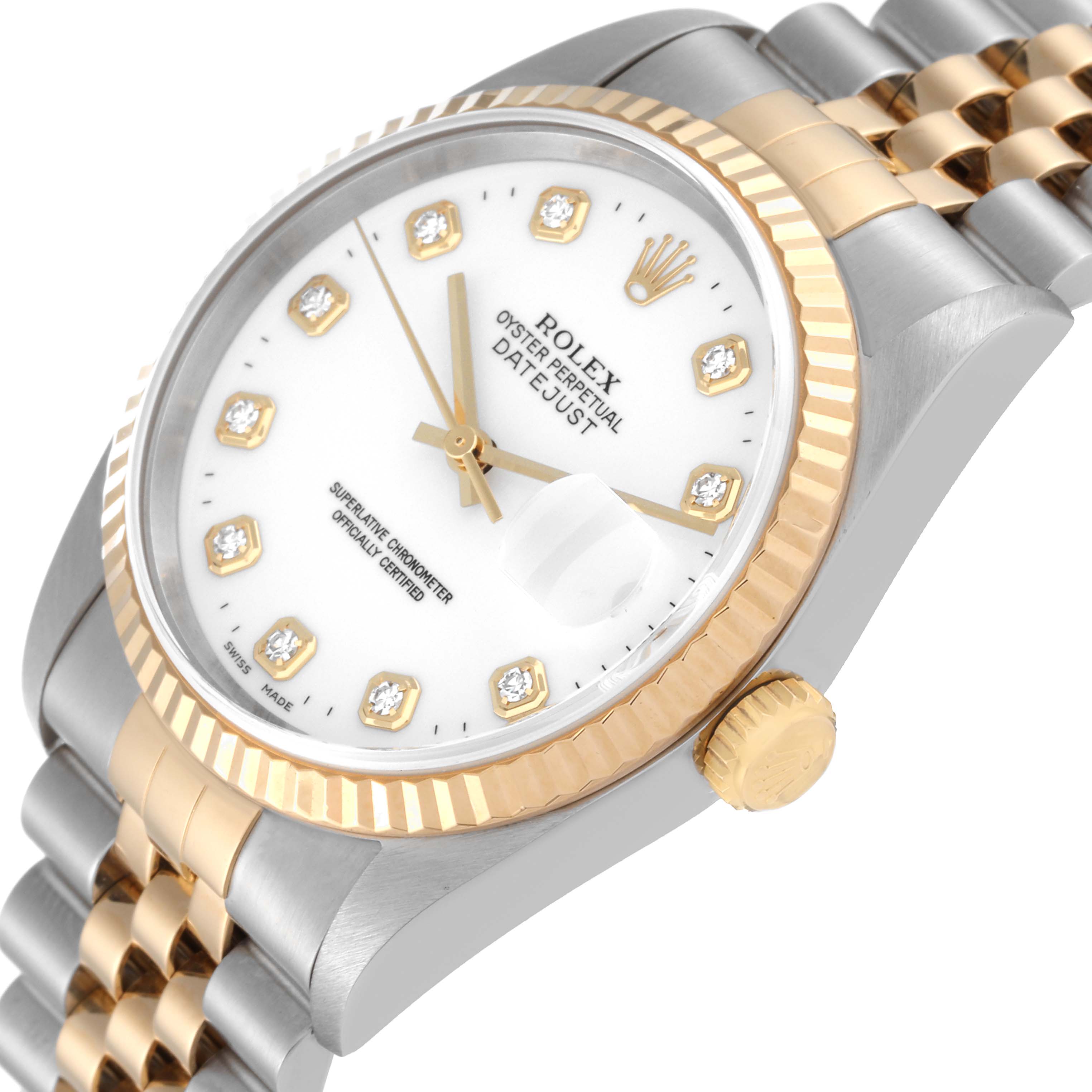 This is a close-up angle of a Rolex Datejust 16233 Men's Steel and Gold (two tone) White Dial 16233 Men's Steel and Gold (two tone) White Dial, showcasing its face, bezel, crown, and part of the bracelet.
