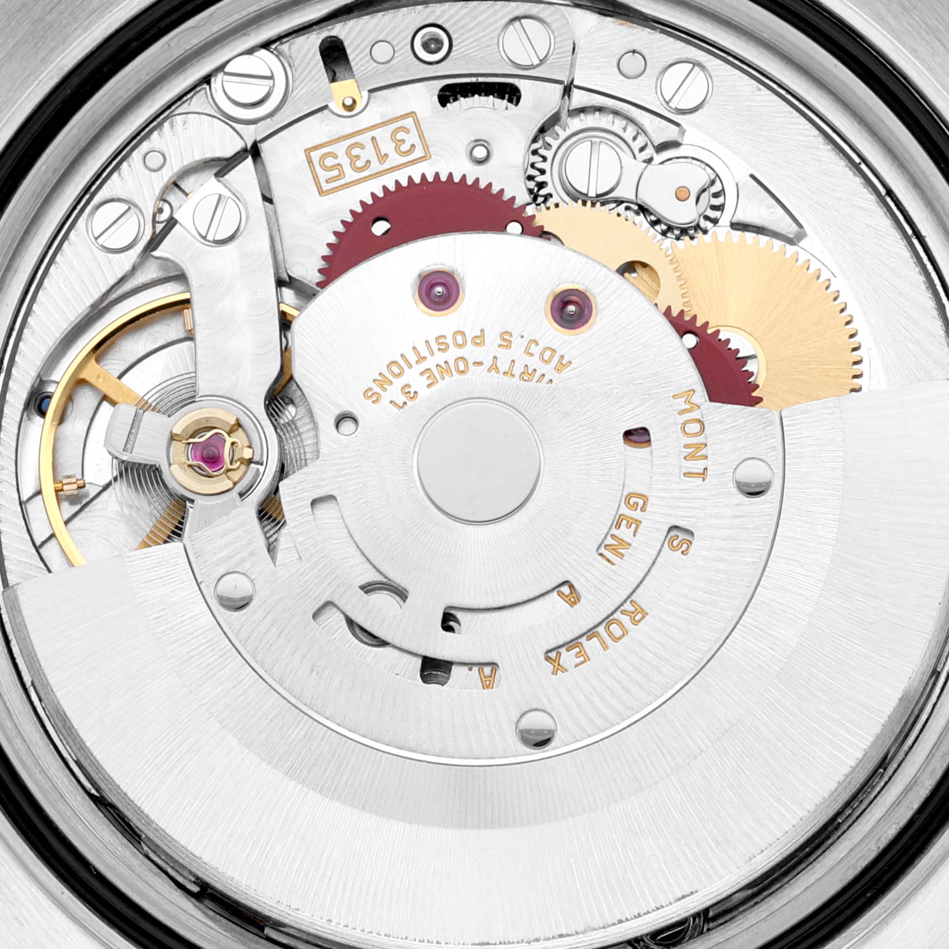 The image shows a close-up of the Rolex Datejust 16233 Men's Steel and Gold (two tone) White Dial 16233 Men's Steel and Gold (two tone) White Dial's movement mechanism, highlighting gears, balance wheel, and inscriptions.