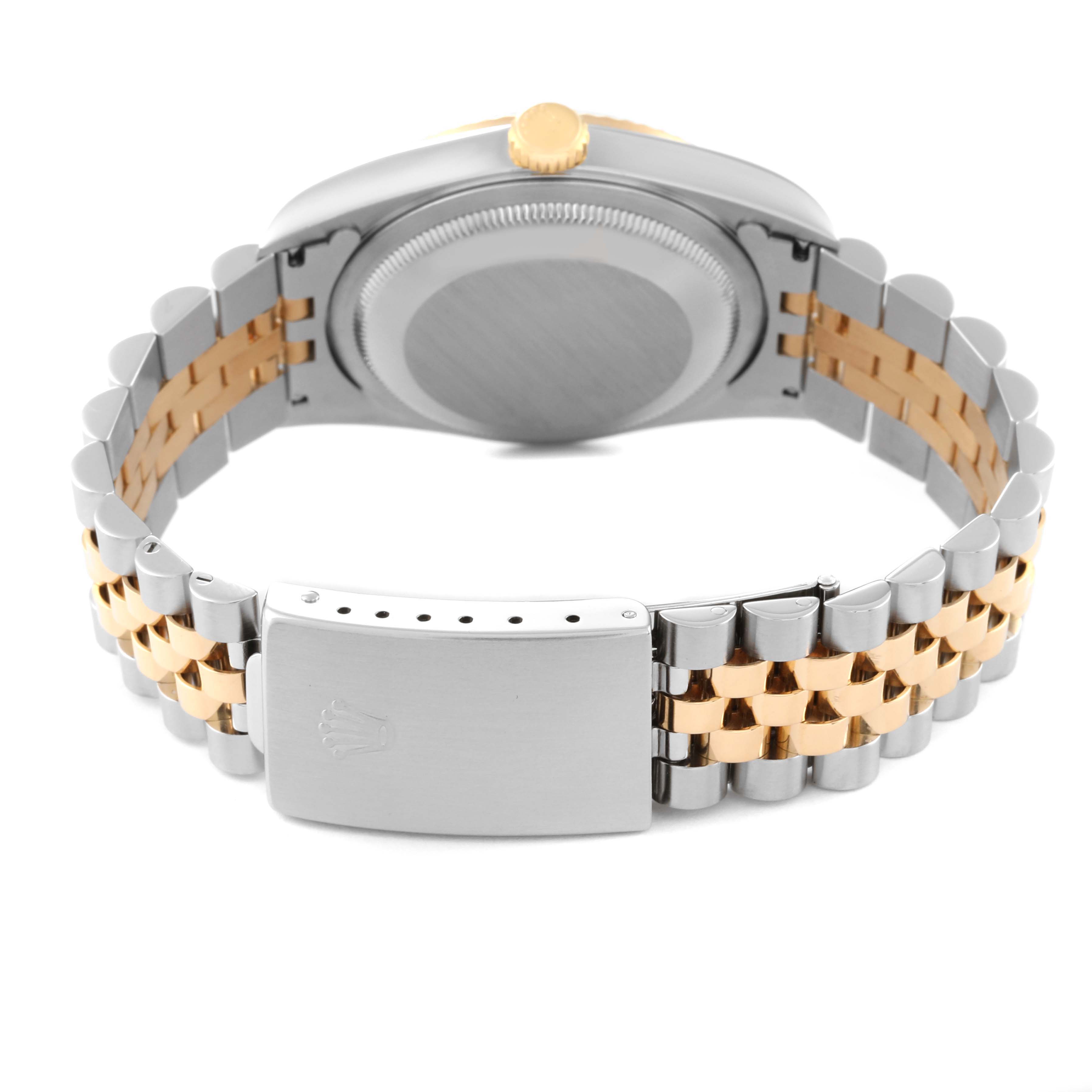 The image shows the back view of the Rolex Datejust 16233 Men's Steel and Gold (two tone) White Dial 16233 Men's Steel and Gold (two tone) White Dial watch, focusing on the case back and two-tone bracelet with clasp.