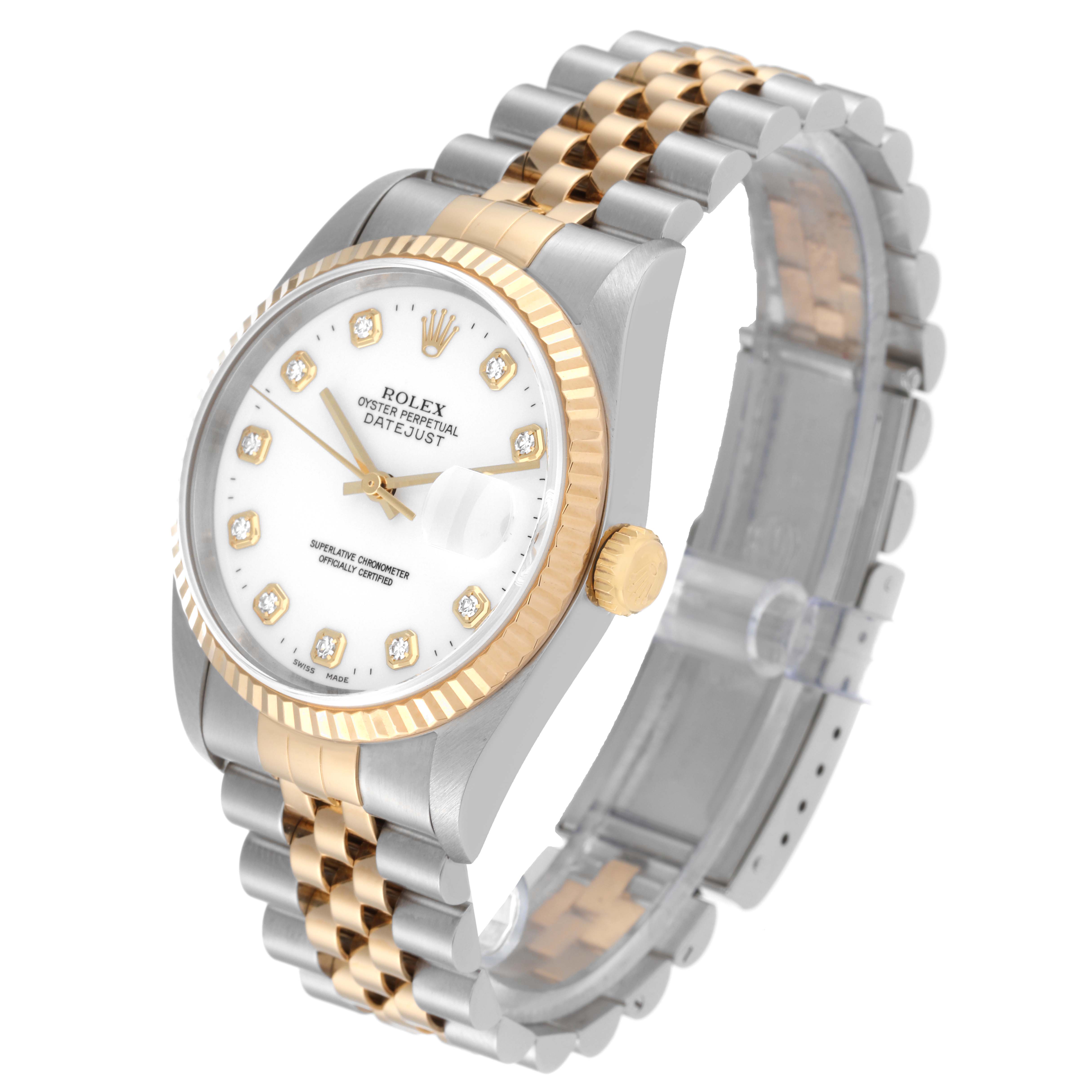 This Rolex Datejust 16233 Men's Steel and Gold (two tone) White Dial 16233 Men's Steel and Gold (two tone) White Dial model is shown at an angle highlighting the watch face, bezel, crown, and jubilee bracelet.