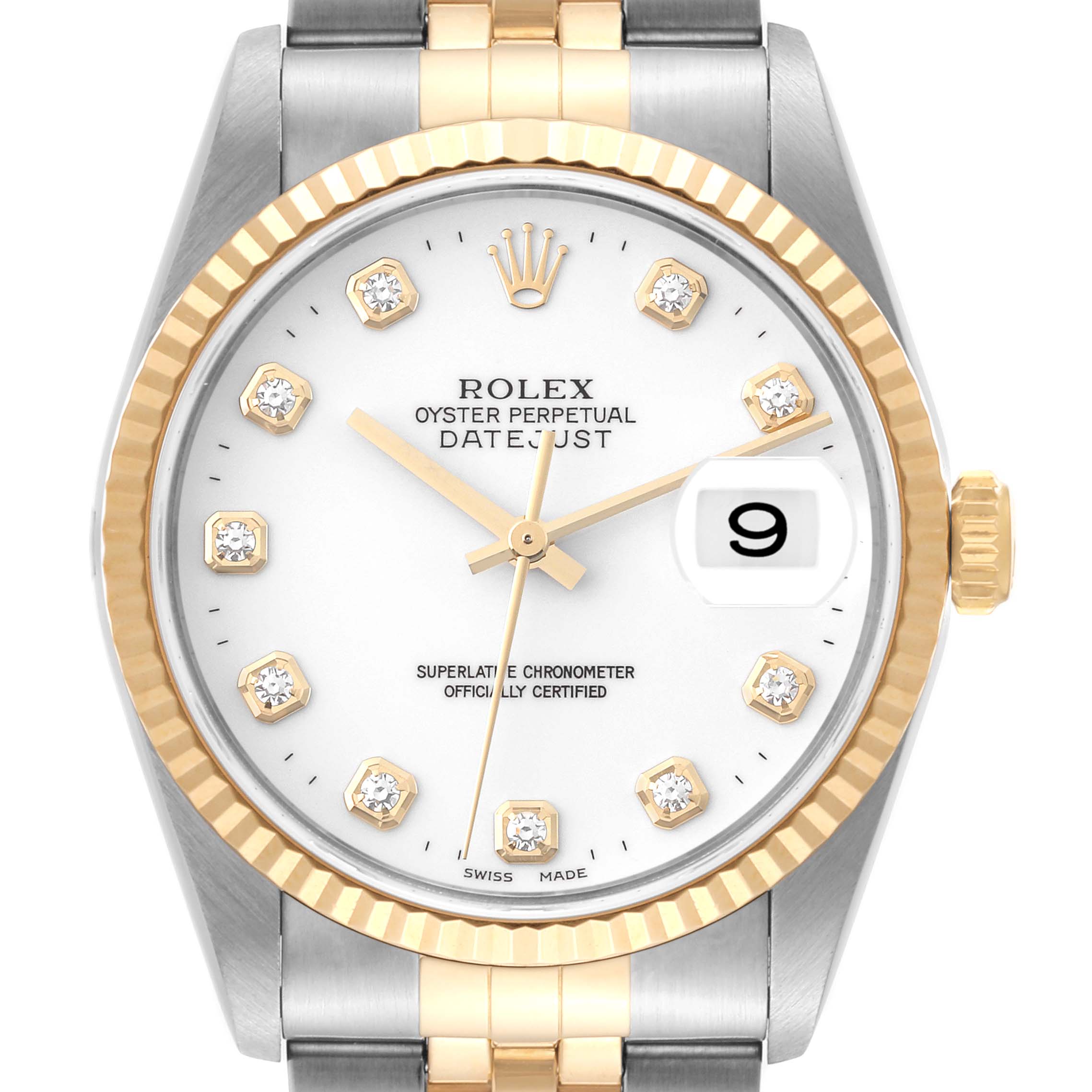The image shows a close-up of the face of a Rolex Datejust 16233 Men's Steel and Gold (two tone) White Dial 16233 Men's Steel and Gold (two tone) White Dial watch, including the bezel, dial, hands, and part of the bracelet.