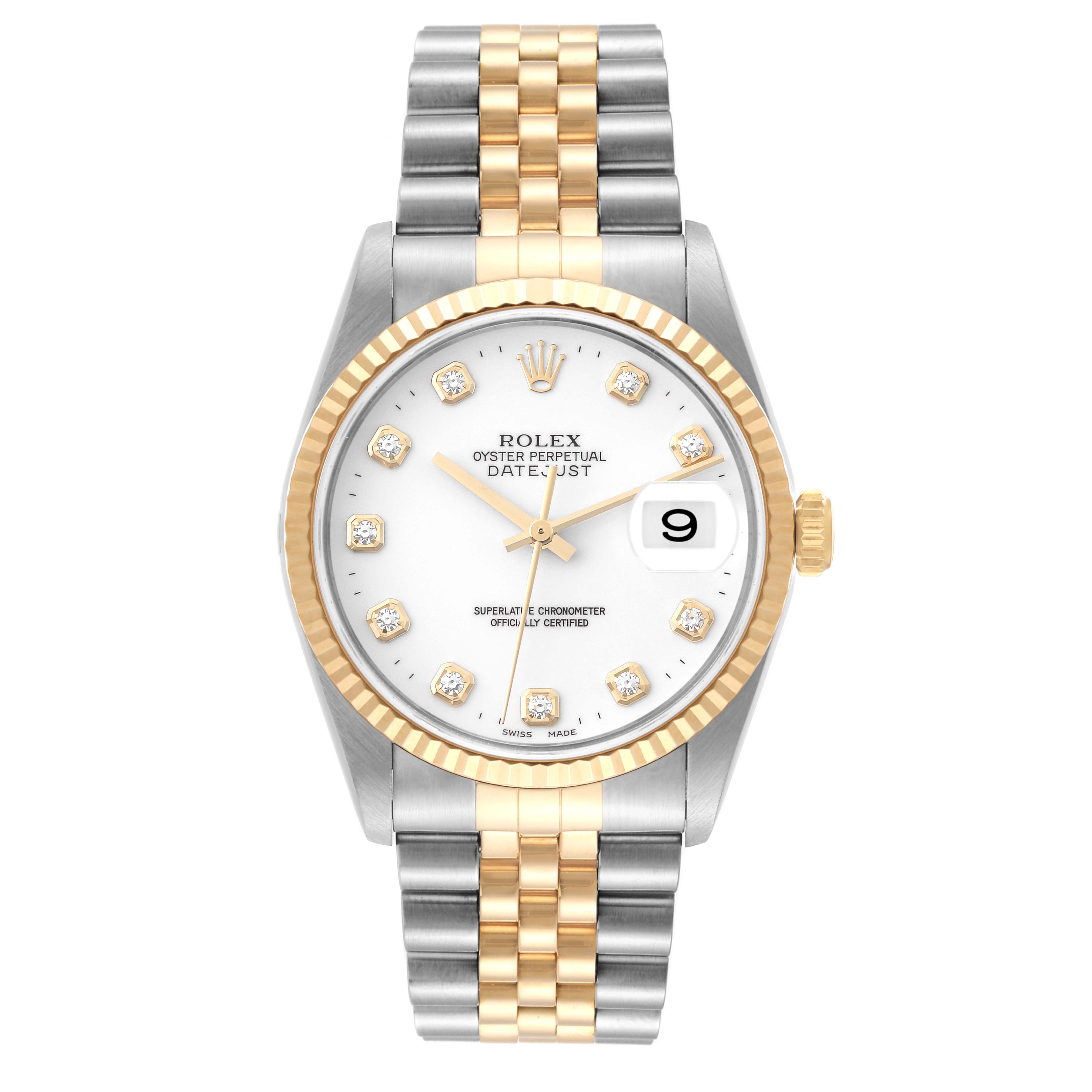 This is a front-facing view of a Rolex Datejust 16233 Men's Steel and Gold (two tone) White Dial 16233 Men's Steel and Gold (two tone) White Dial watch, showing the dial, bezel, bracelet, and crown.