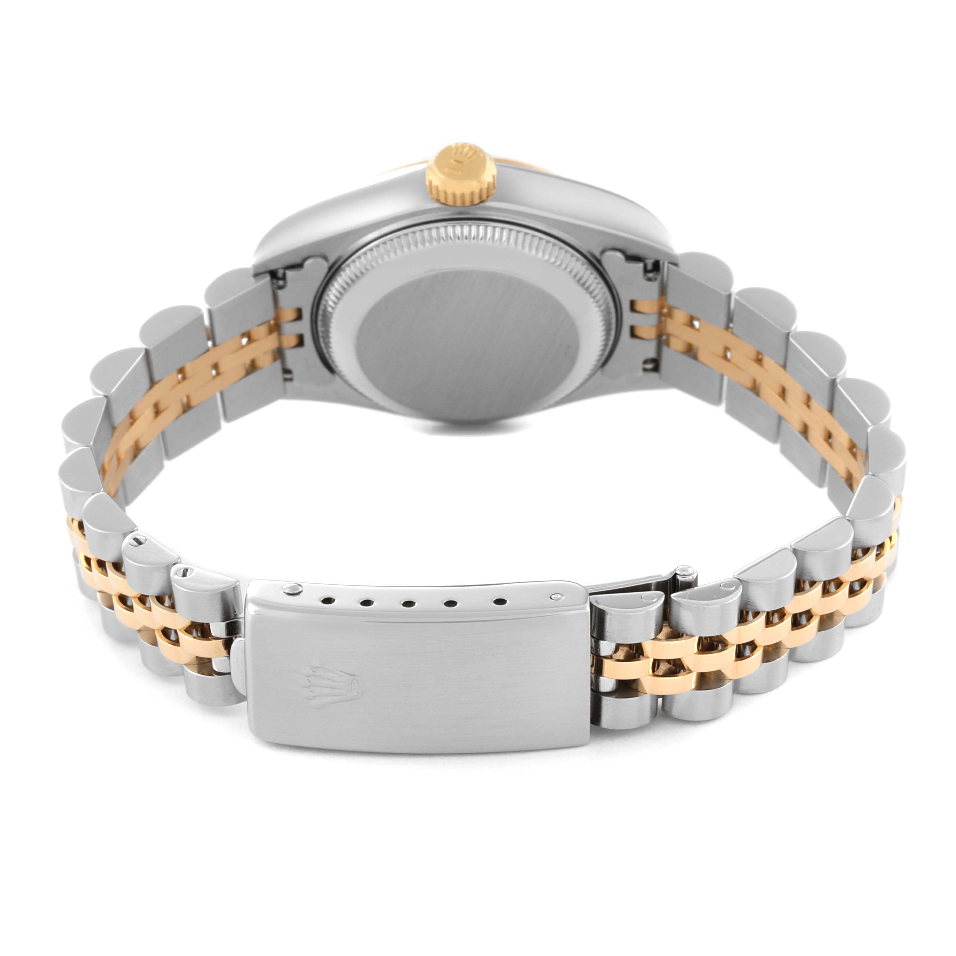 The image shows the back and bracelet of a Rolex Datejust 69173 Women's Steel and Gold (two tone) White Dial 69173 Women's Steel and Gold (two tone) White Dial watch, highlighting the clasp and caseback.