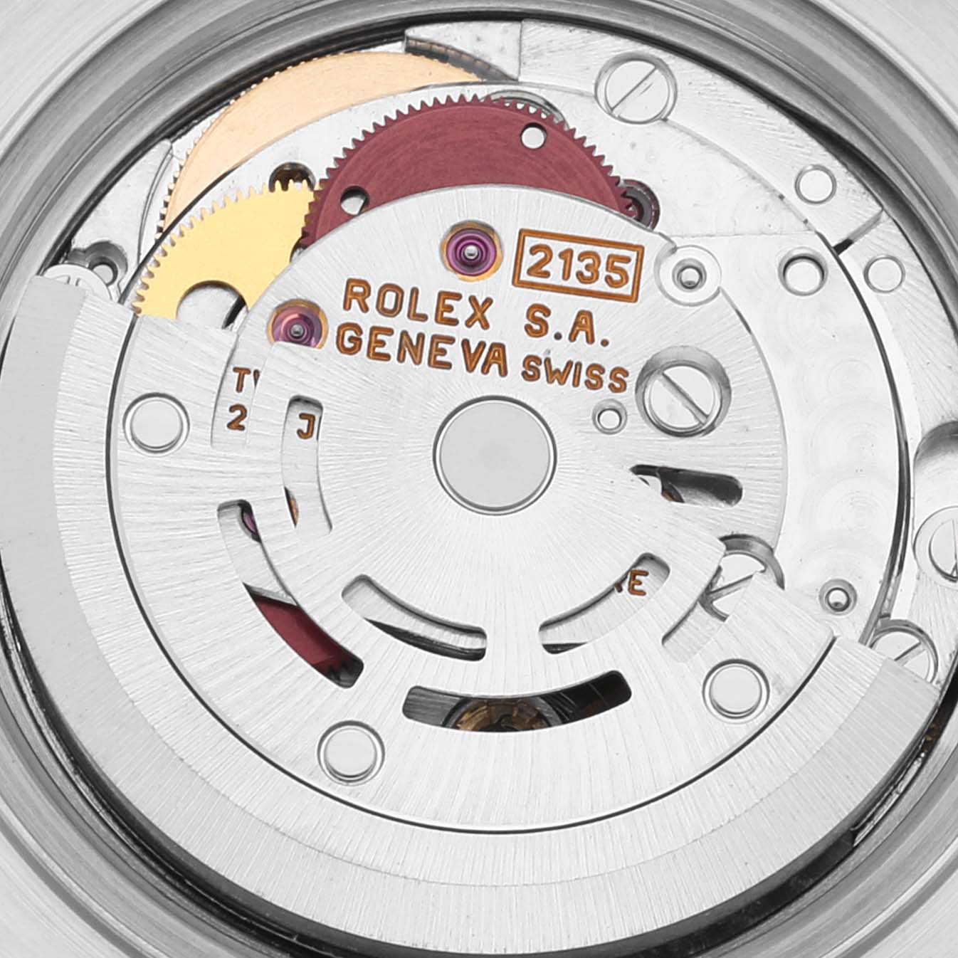 This image shows a close-up of the internal movement mechanism of a Rolex Datejust 69173 Women's Steel and Gold (two tone) White Dial 69173 Women's Steel and Gold (two tone) White Dial watch from an overhead angle.