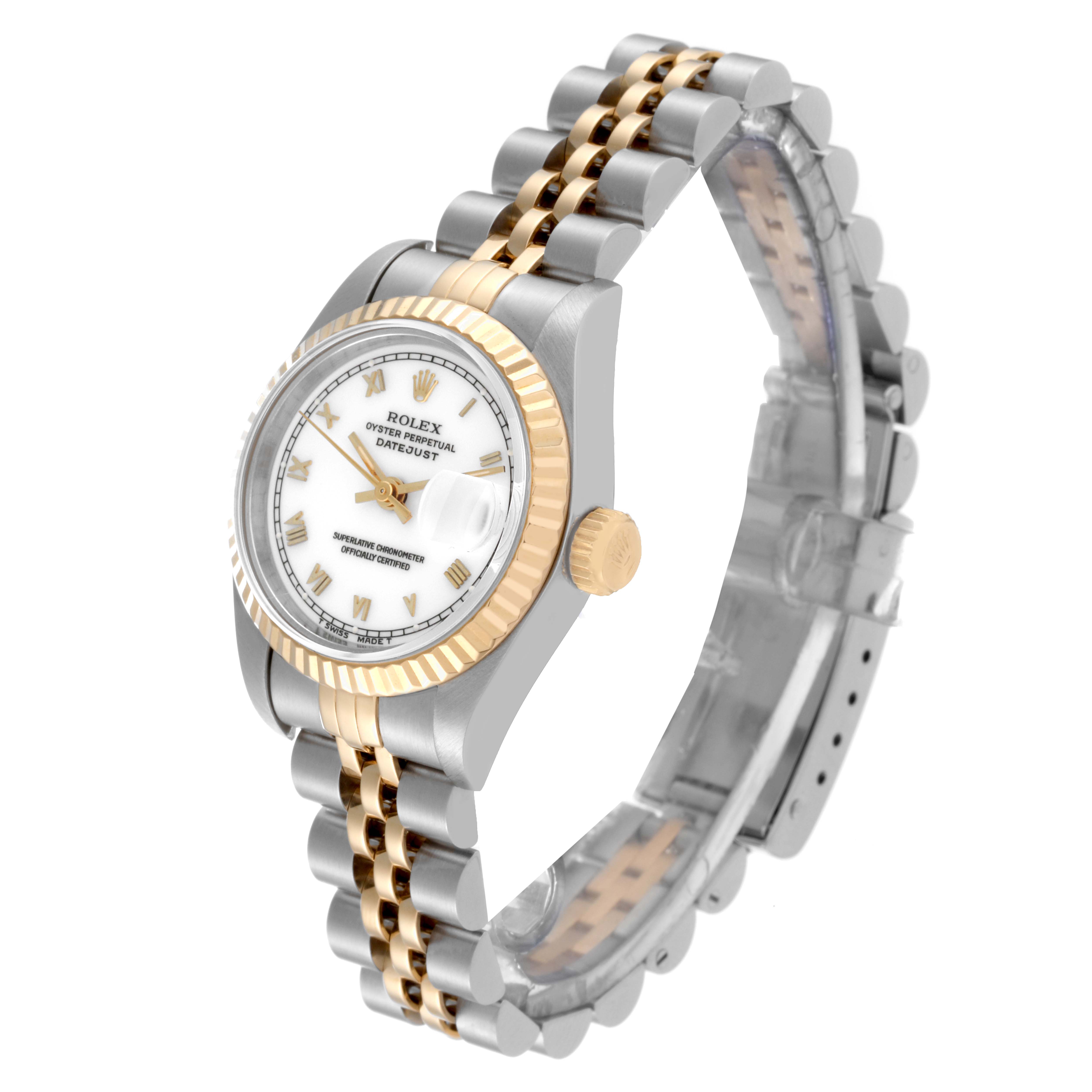 The Rolex Datejust 69173 Women's Steel and Gold (two tone) White Dial 69173 Women's Steel and Gold (two tone) White Dial watch is shown at a three-quarter angle, displaying the face, bezel, crown, and bracelet.