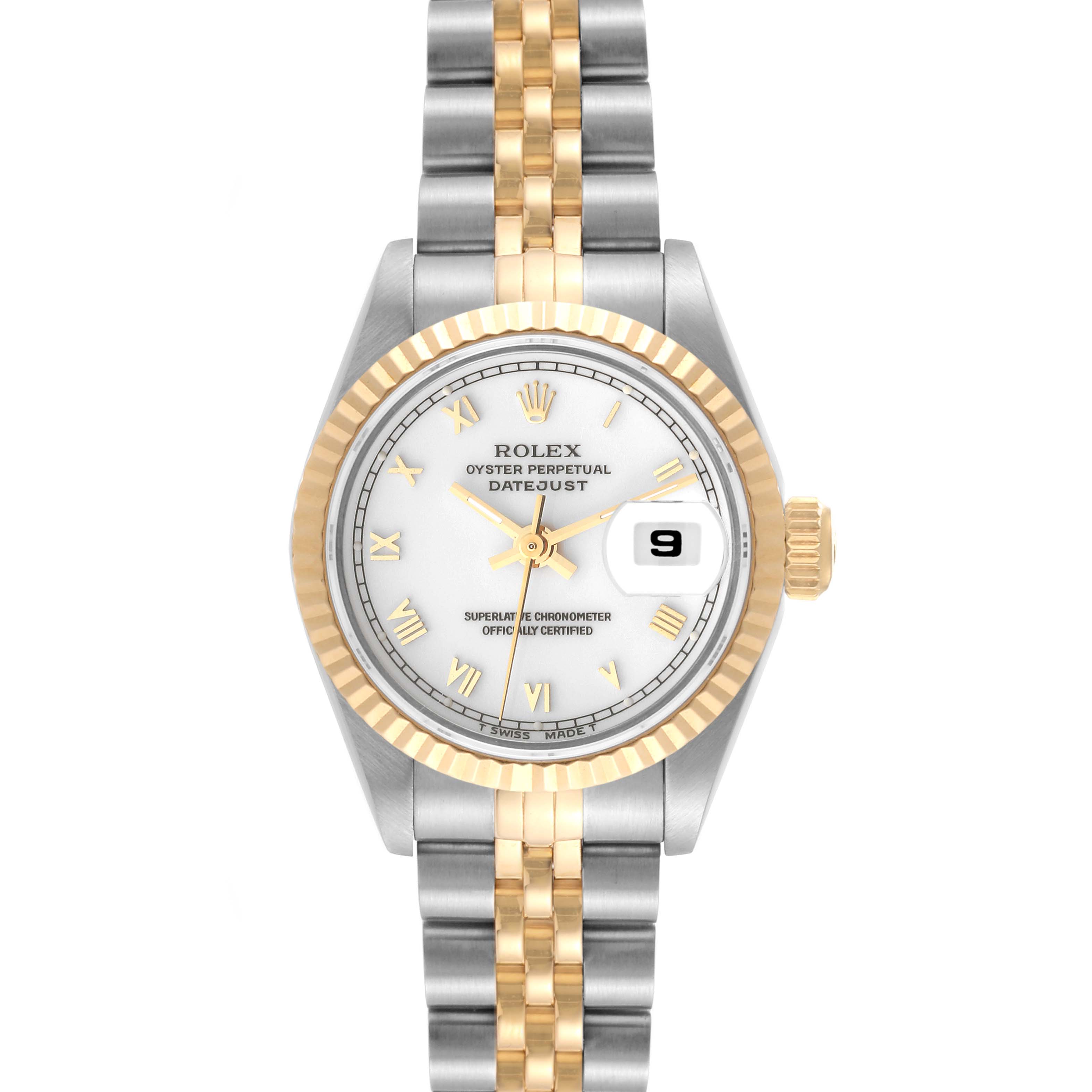 This image shows a front view of a Rolex Datejust 69173 Women's Steel and Gold (two tone) White Dial 69173 Women's Steel and Gold (two tone) White Dial watch with a two-tone bracelet and fluted bezel.