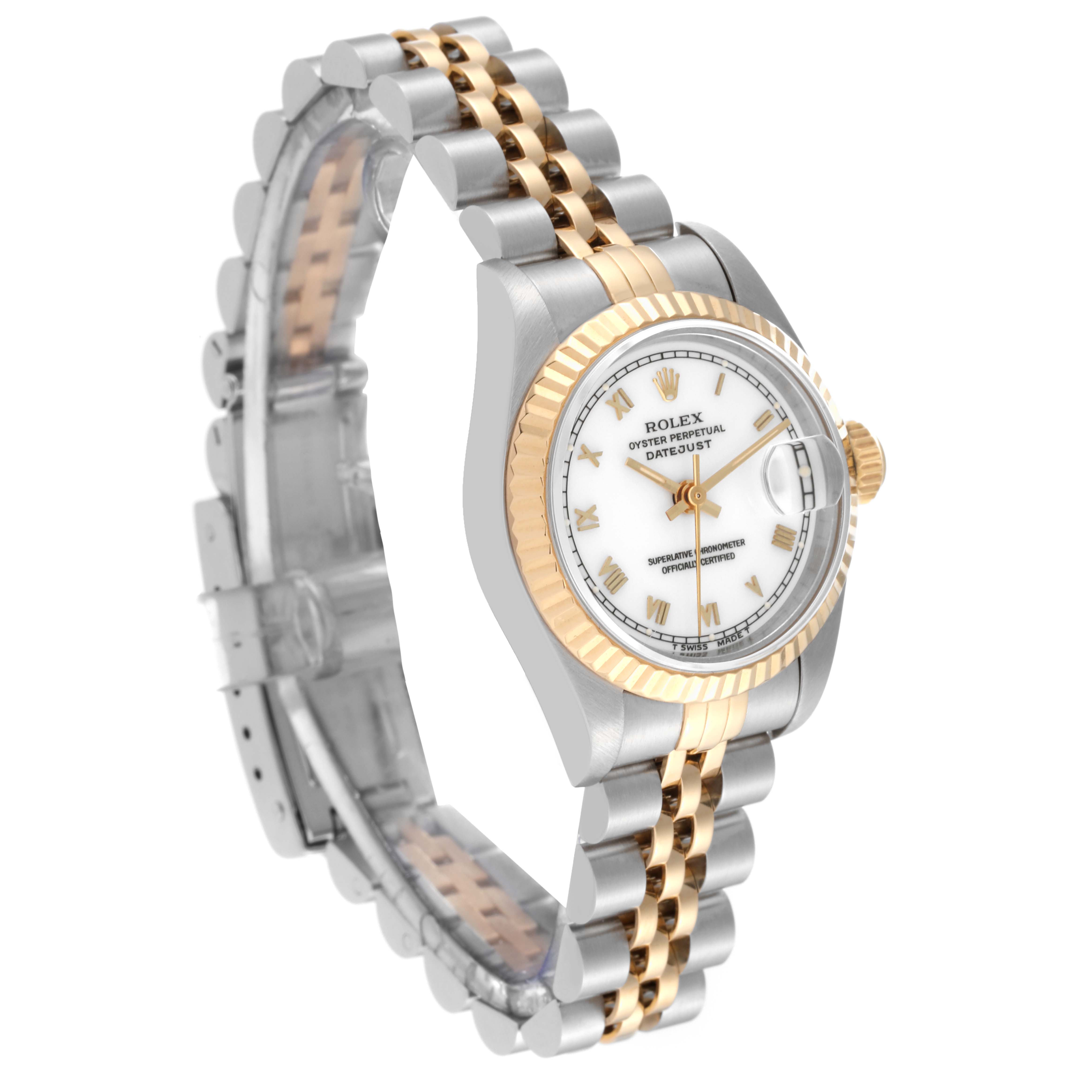 This image shows a Rolex Datejust 69173 Women's Steel and Gold (two tone) White Dial 69173 Women's Steel and Gold (two tone) White Dial watch from an angled side view, highlighting its face, bezel, and bracelet.