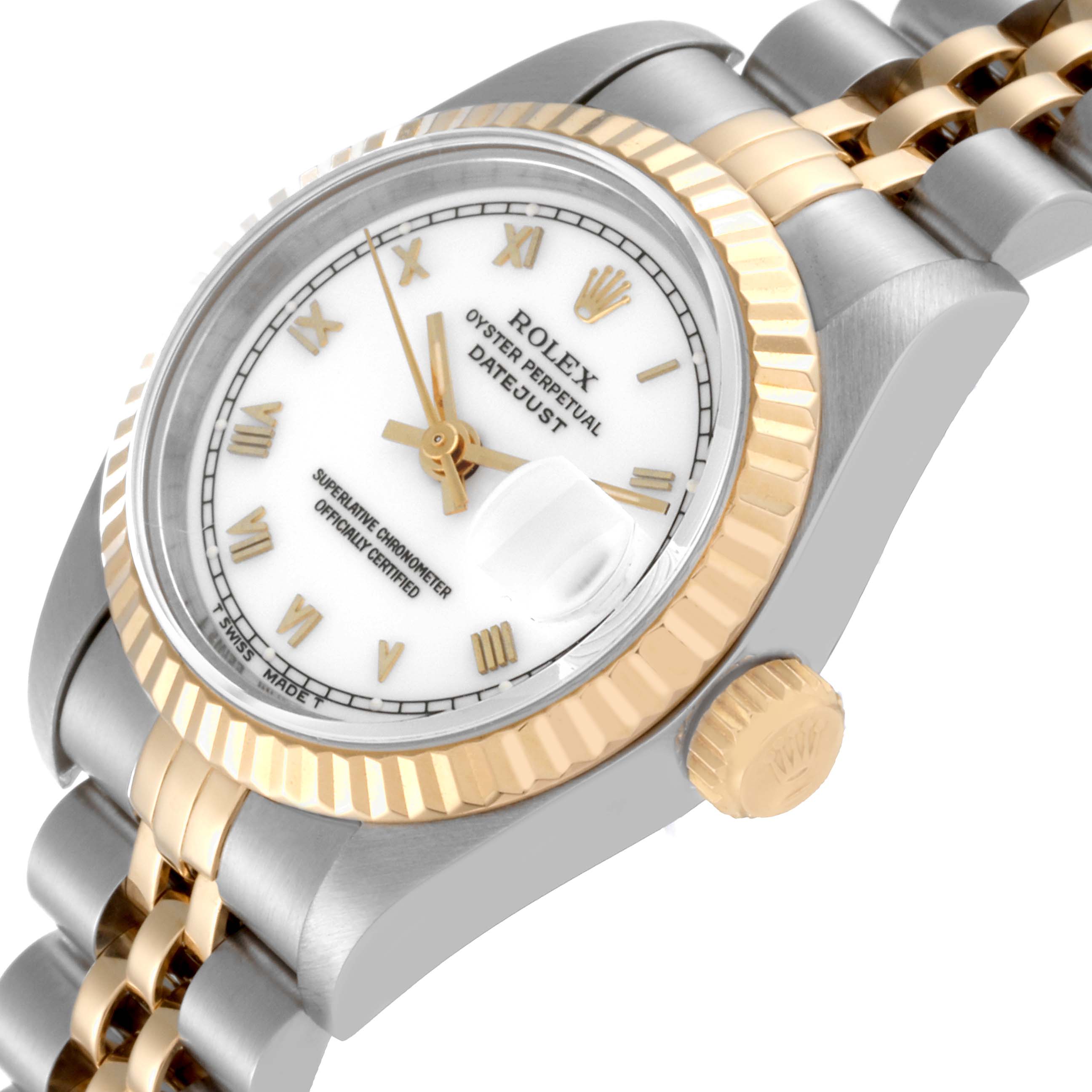 The image shows a close-up of the Rolex Datejust 69173 Women's Steel and Gold (two tone) White Dial 69173 Women's Steel and Gold (two tone) White Dial watch, highlighting its white dial, gold Roman numerals, fluted bezel, and Jubilee bracelet.