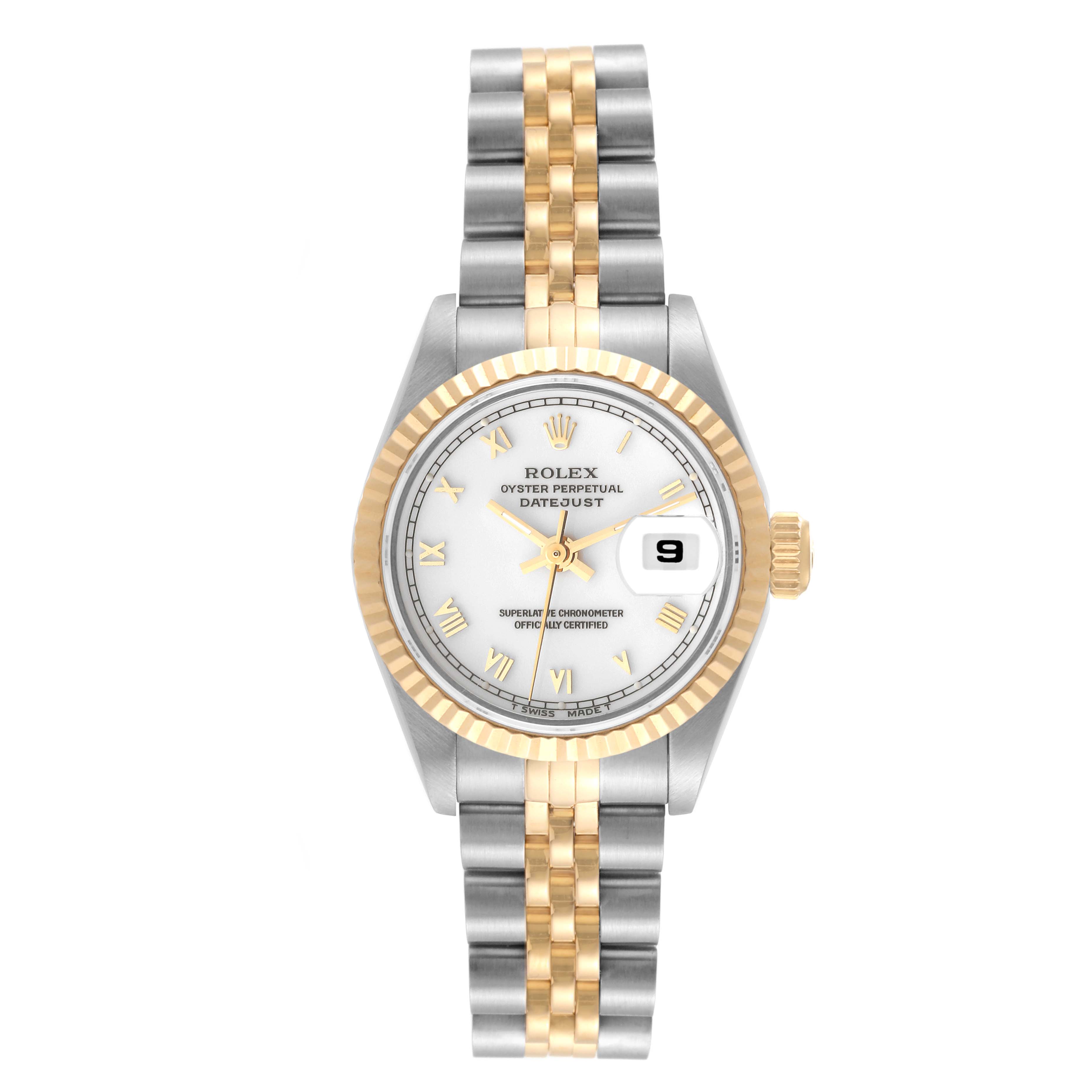 The image shows a front view of the Rolex Datejust 69173 Women's Steel and Gold (two tone) White Dial 69173 Women's Steel and Gold (two tone) White Dial watch with a two-tone bracelet and fluted bezel.