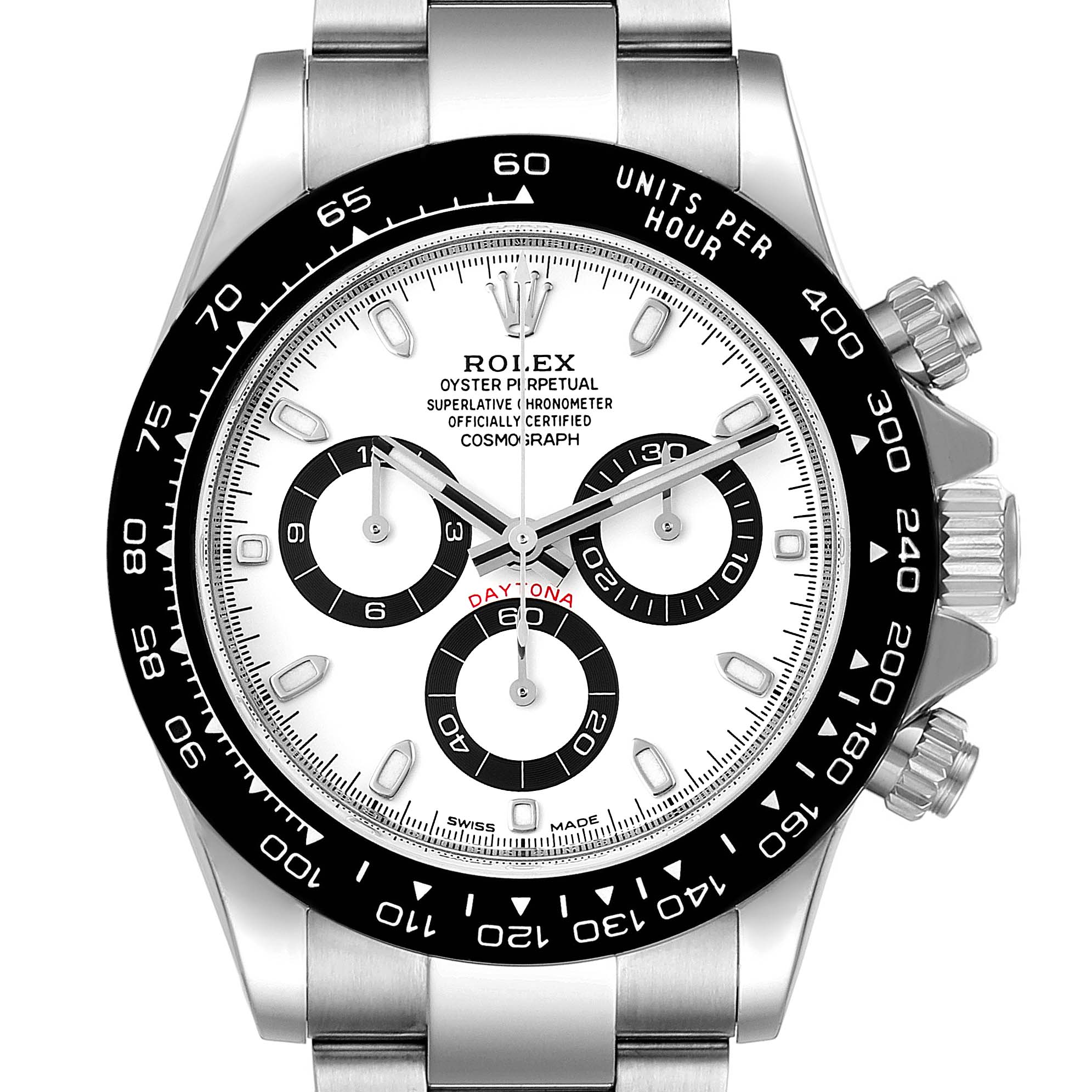 This image shows a frontal view of the Rolex Daytona 116500 Men's Stainless Steel White Dial 116500 Men's Stainless Steel White Dial watch, highlighting its dial, bezel, pushers, and crown.