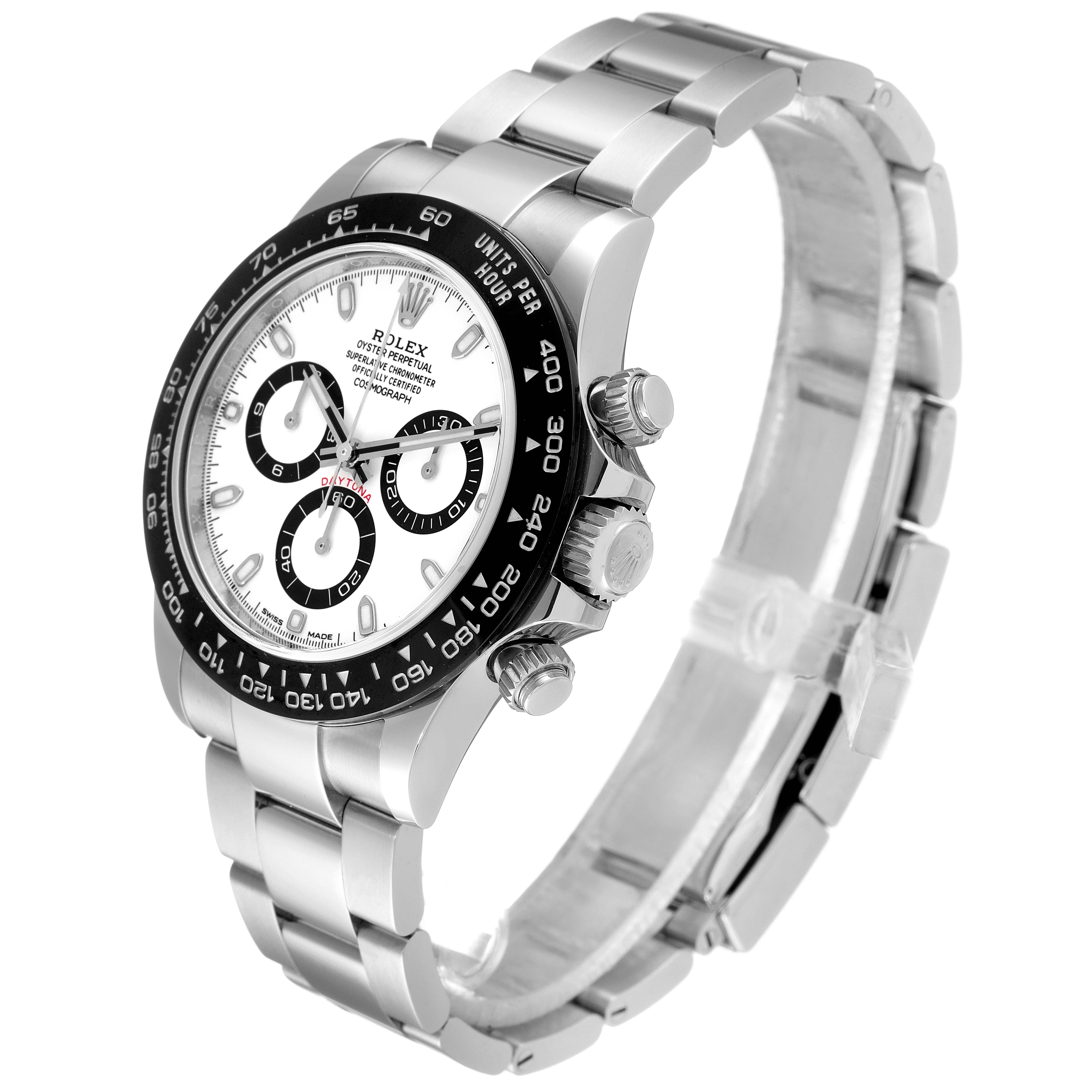 The Rolex Daytona 116500 Men's Stainless Steel White Dial 116500 Men's Stainless Steel White Dial watch is shown at an angled side view, highlighting its face, chronograph pushers, and bracelet.