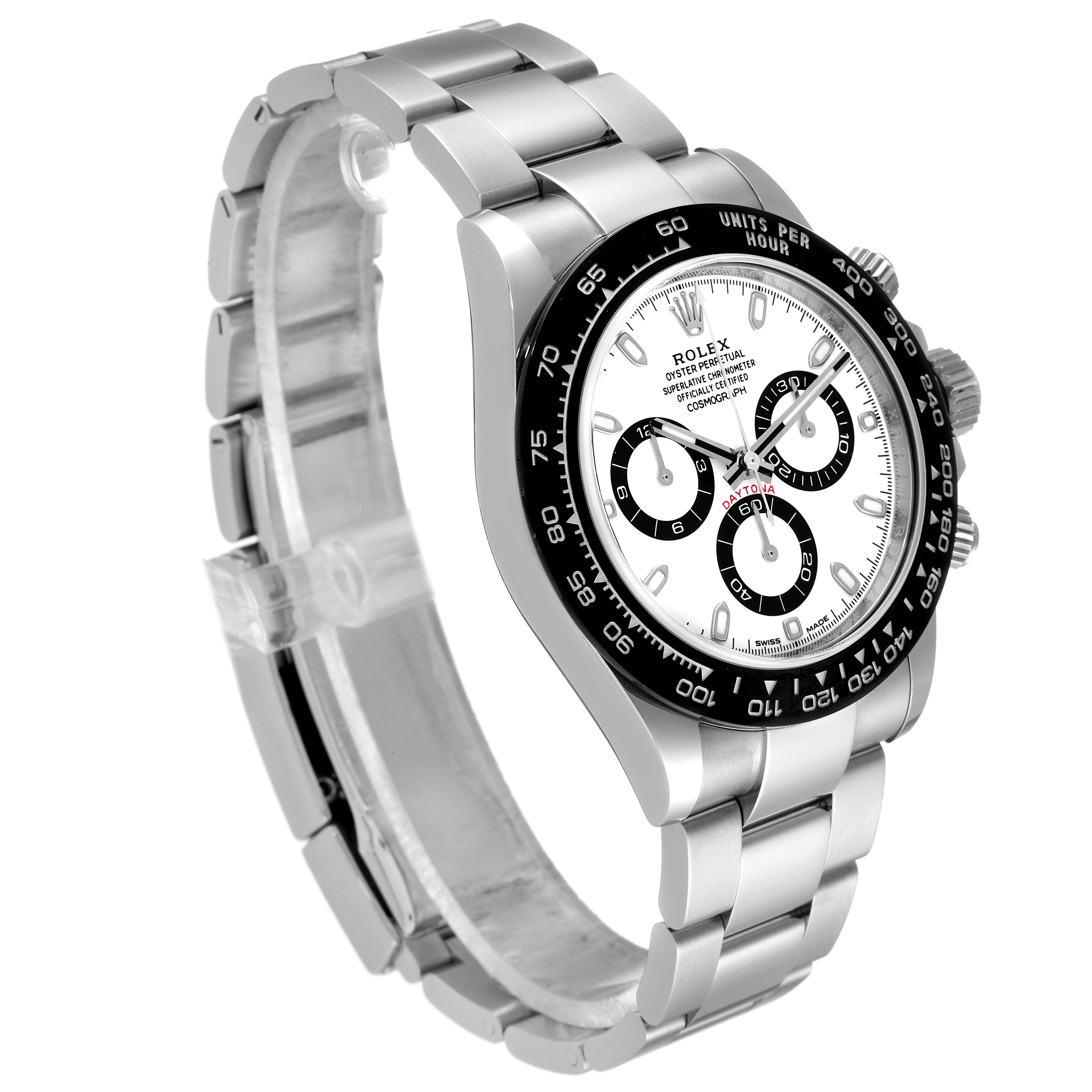 The Rolex Daytona 116500 Men's Stainless Steel White Dial 116500 Men's Stainless Steel White Dial watch is shown at a slight left angle, highlighting its dial, bezel, and bracelet.