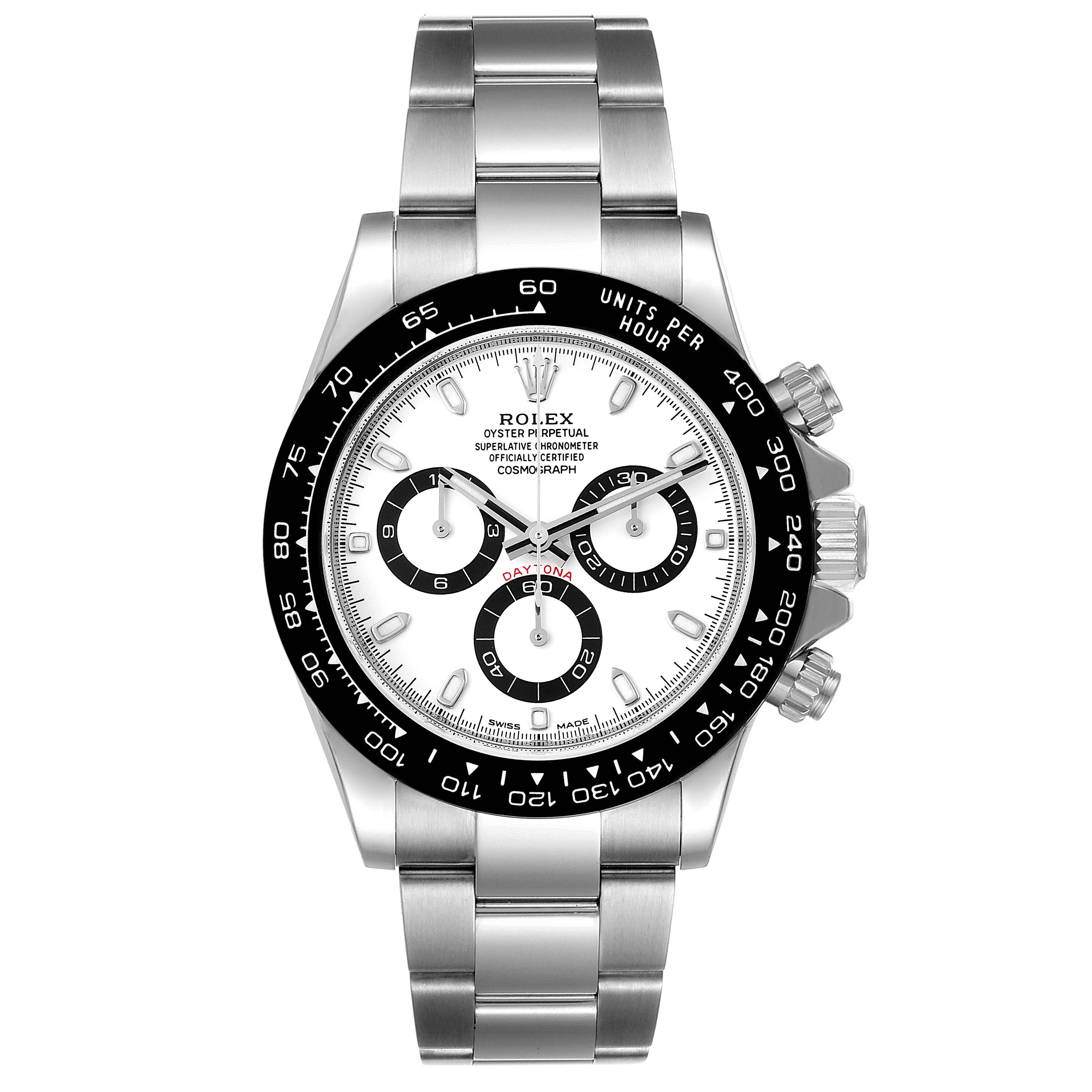 The image shows a front view of a Rolex Daytona 116500 Men's Stainless Steel White Dial 116500 Men's Stainless Steel White Dial watch, highlighting its bracelet, bezel, dials, and chronograph buttons.