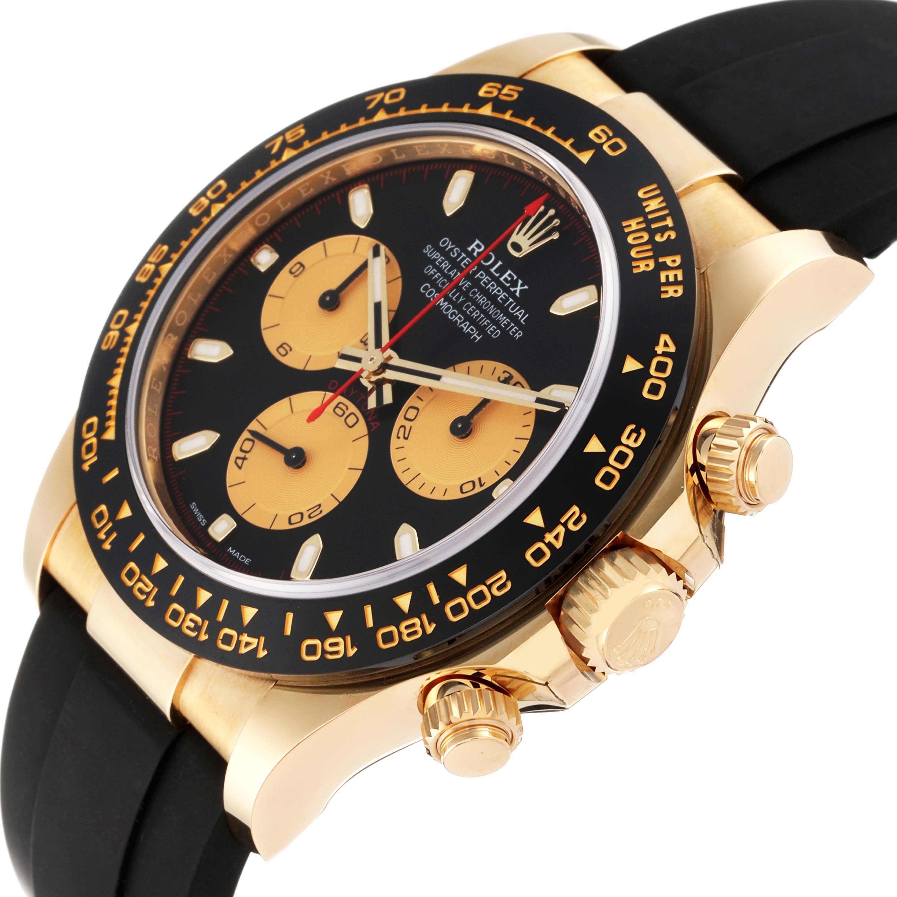 The image shows a Rolex Daytona 116518LN Men's Yellow Gold Black Dial 116518LN Men's Yellow Gold Black Dial watch angled to highlight the dial, bezel, and crown.