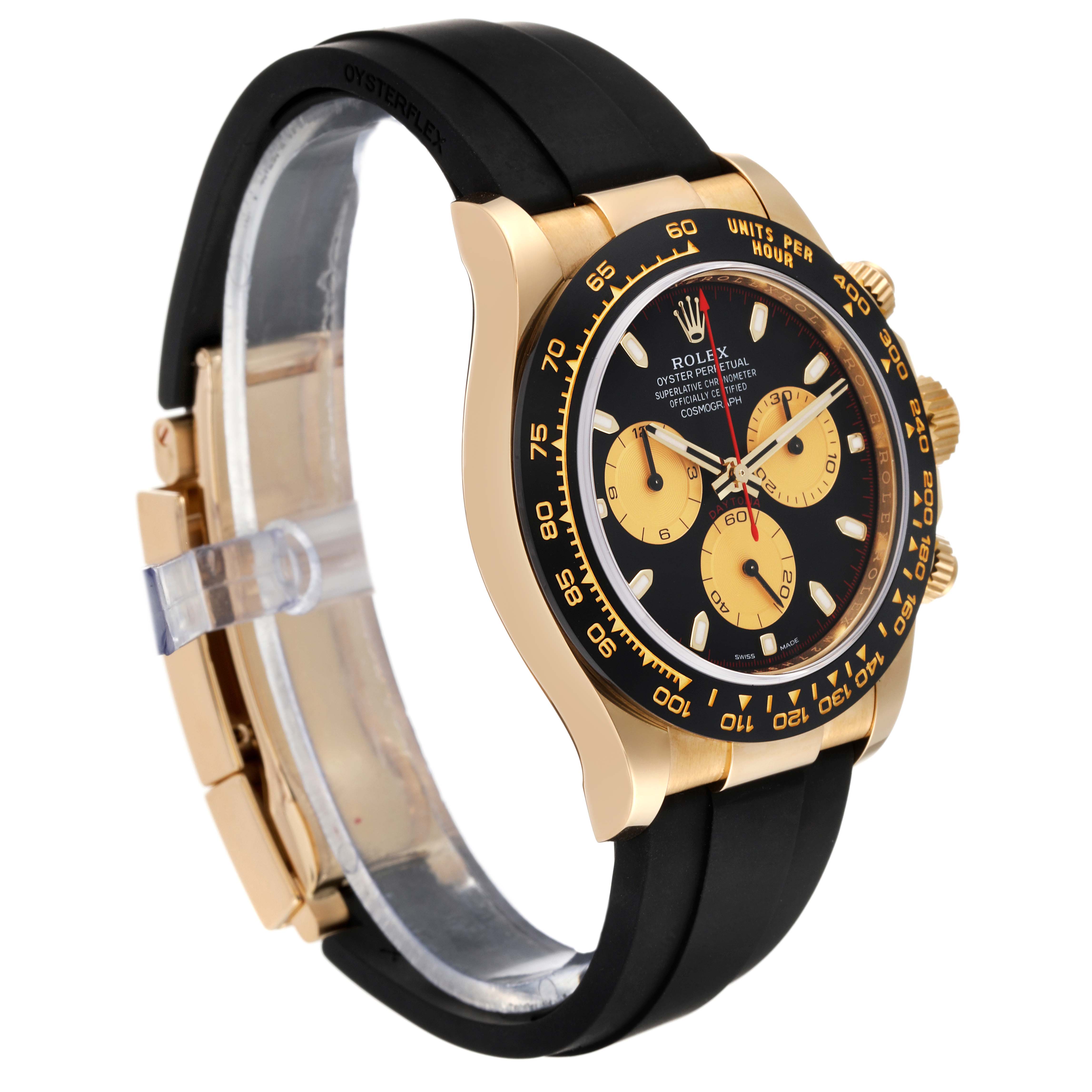 The image shows a side-angled view of a Rolex Daytona 116518LN Men's Yellow Gold Black Dial 116518LN Men's Yellow Gold Black Dial watch, highlighting its black dial, gold case, and black rubber strap.